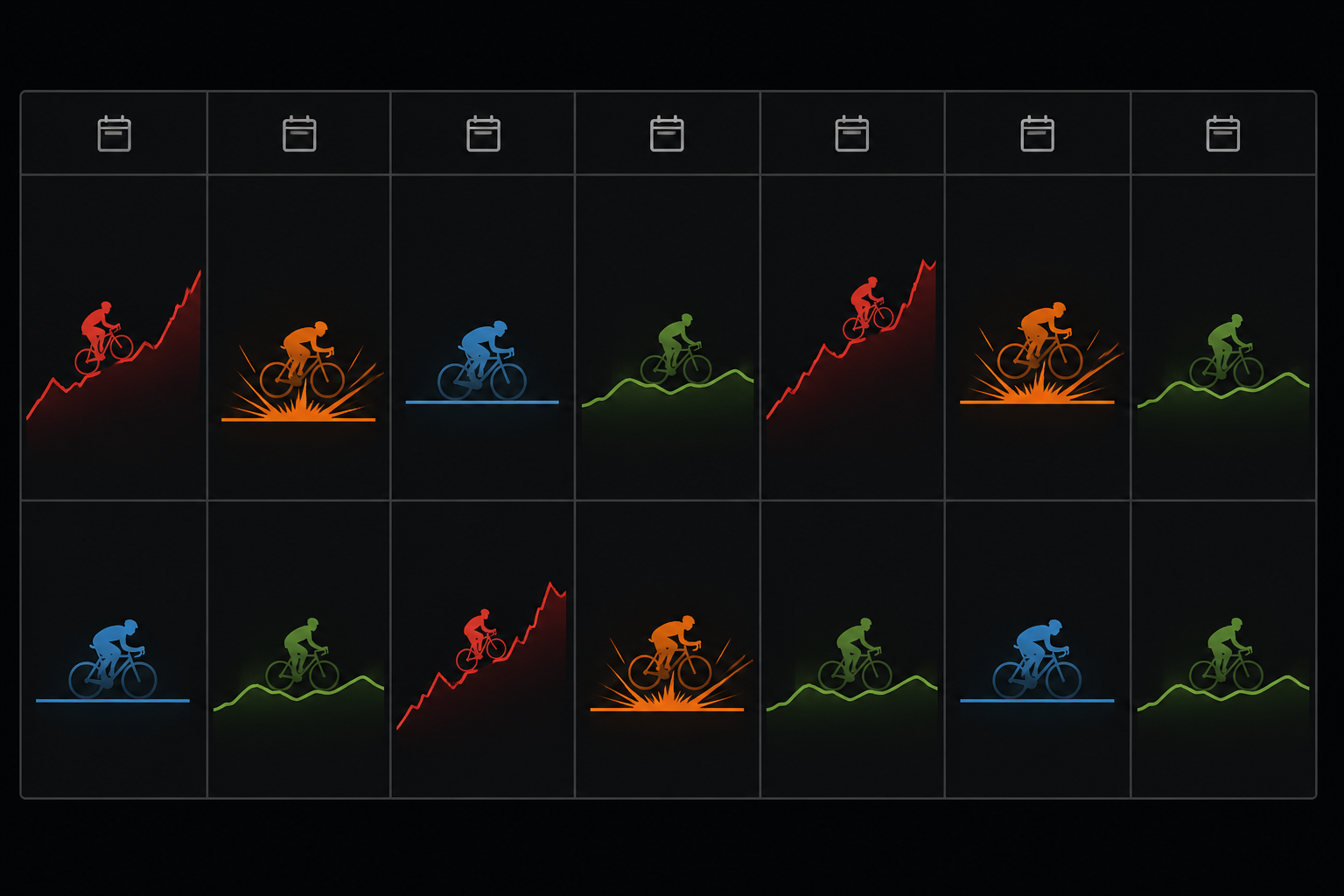 Weekly indoor cycling grid with mountain, sprint, time trial, and flat endurance workouts