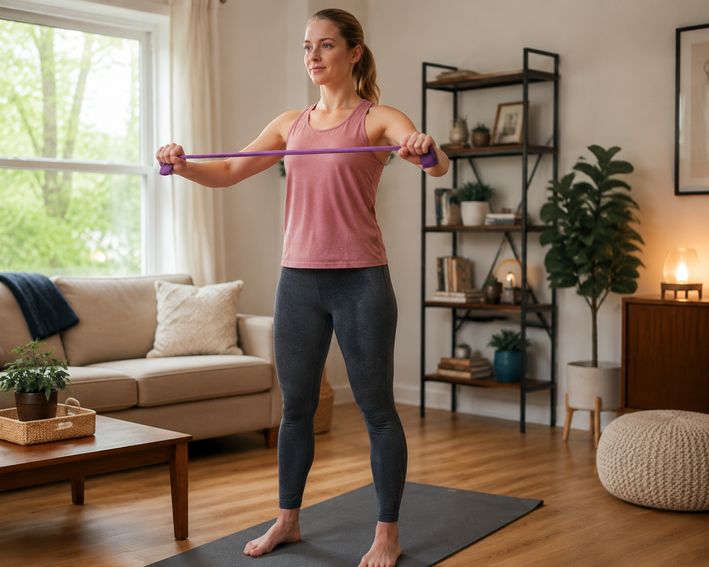 Woman doing a resistance band pull-apart at home on a yoga mat