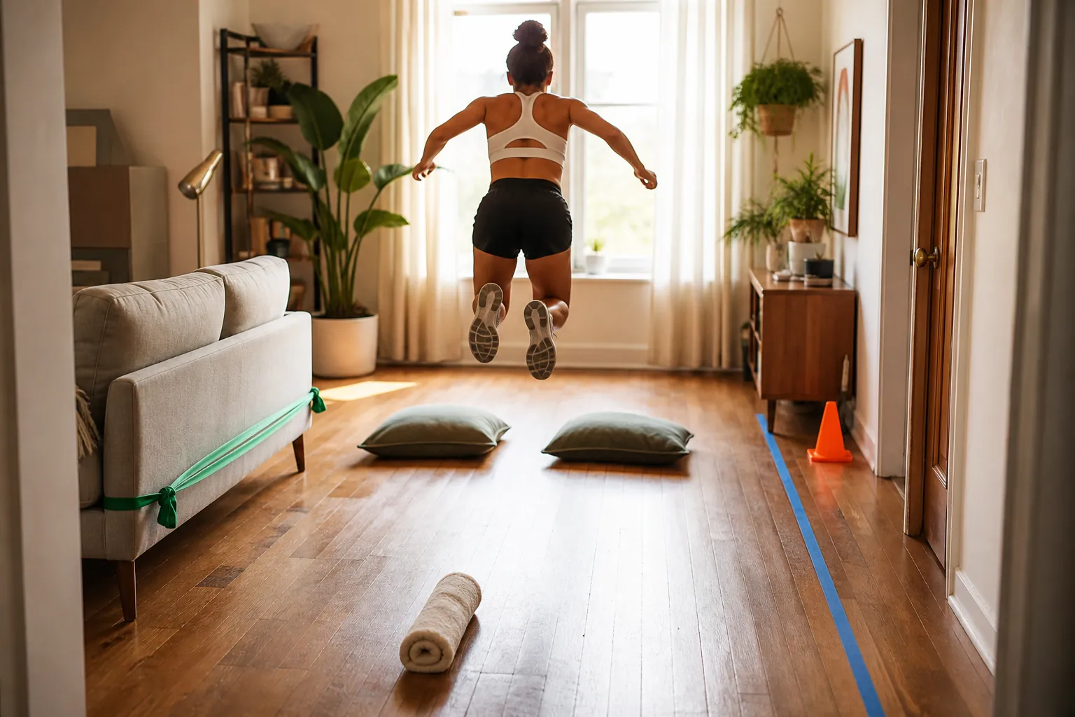 Person broad-jumping between cushion markers in a cozy apartment living room field-day course