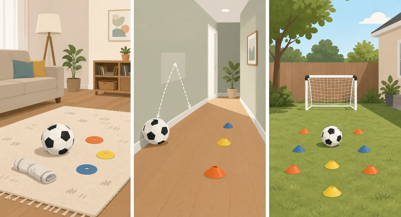 Three home soccer practice setups progressing from playful rug markers to hallway wall passing and a backyard cone setup