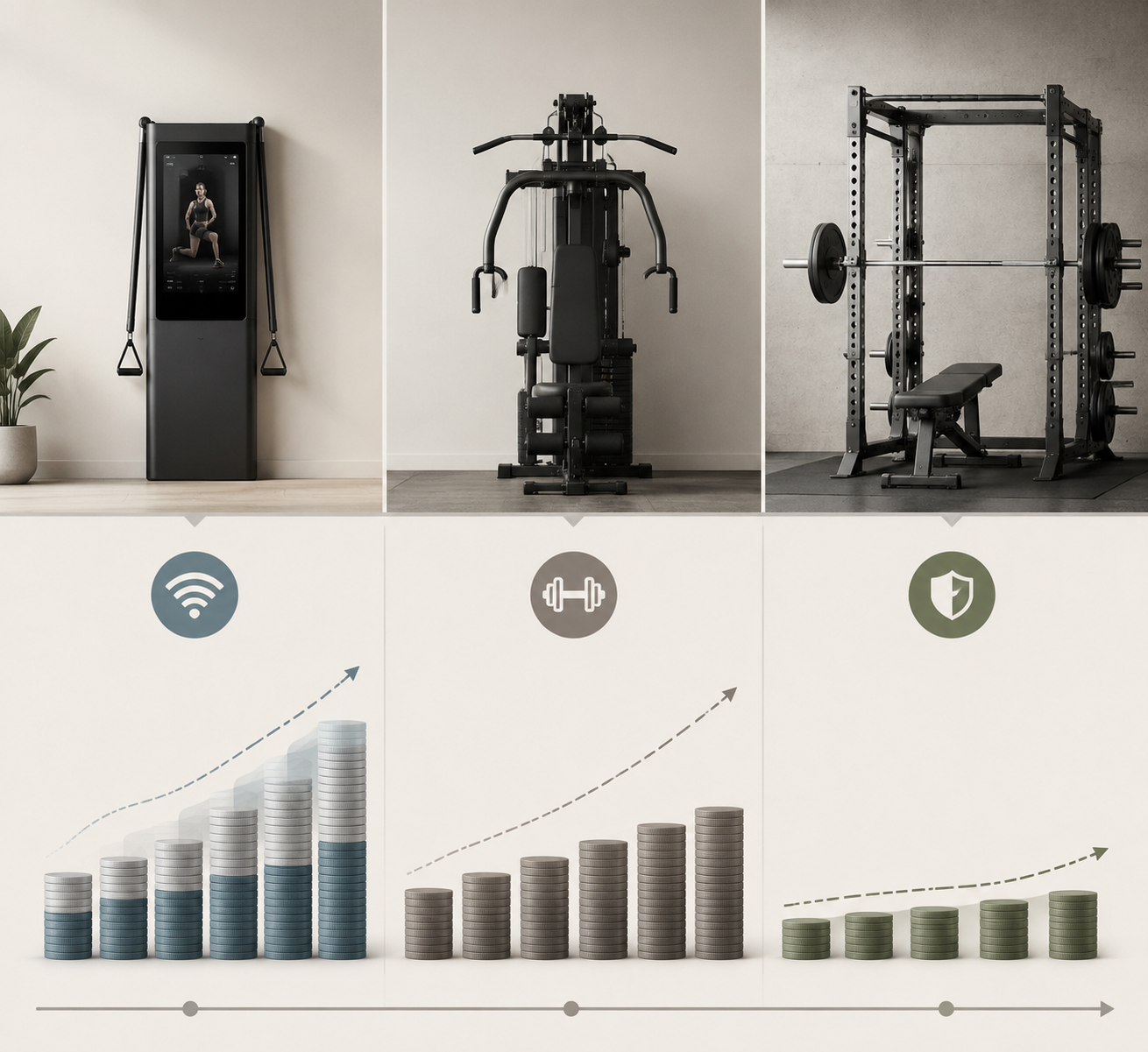 Three-column comparison of cost accumulation for smart gyms, traditional all-in-one machines, and power racks