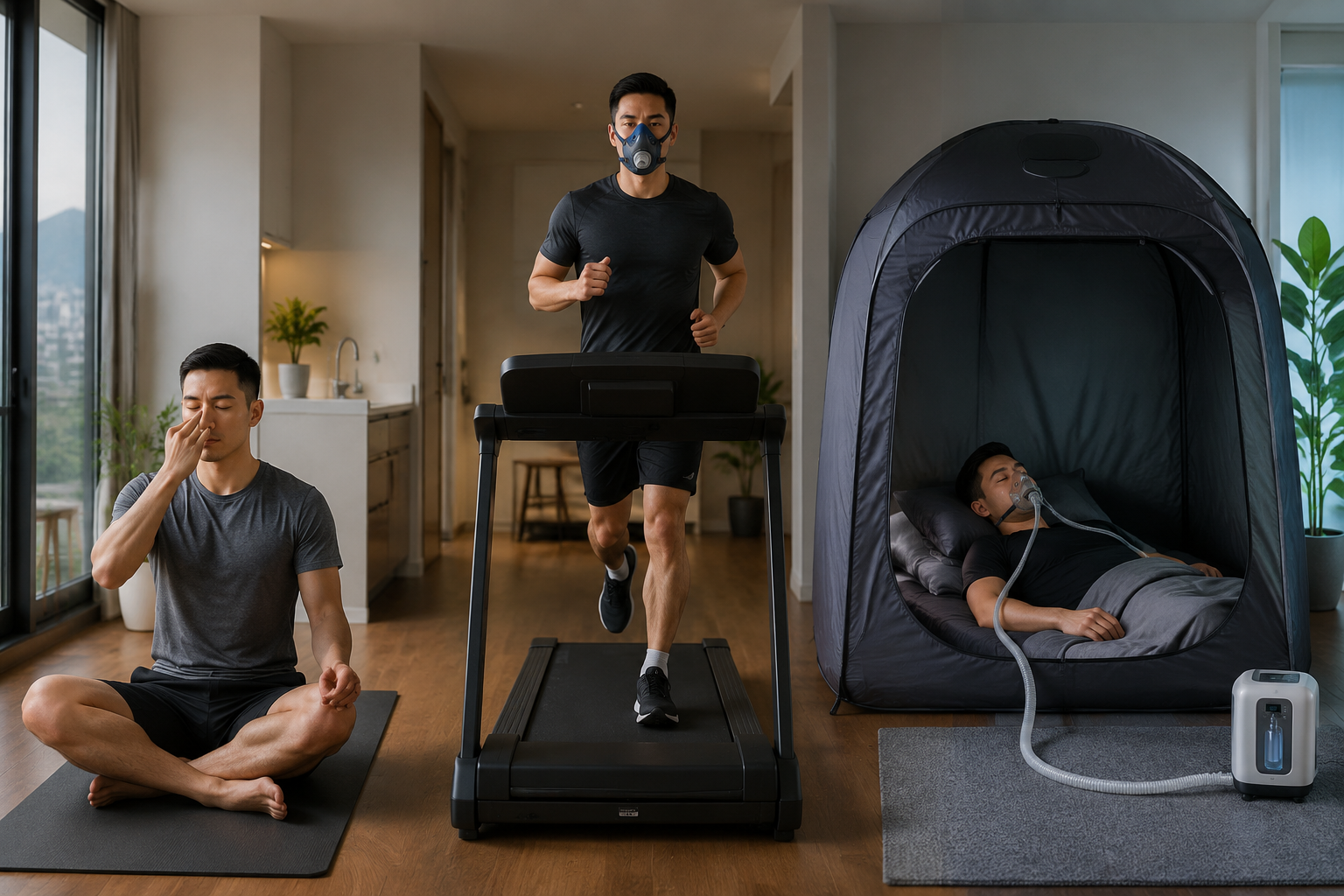 Apartment runner comparing breath-holding, treadmill mask training, and a hypoxic sleep tent