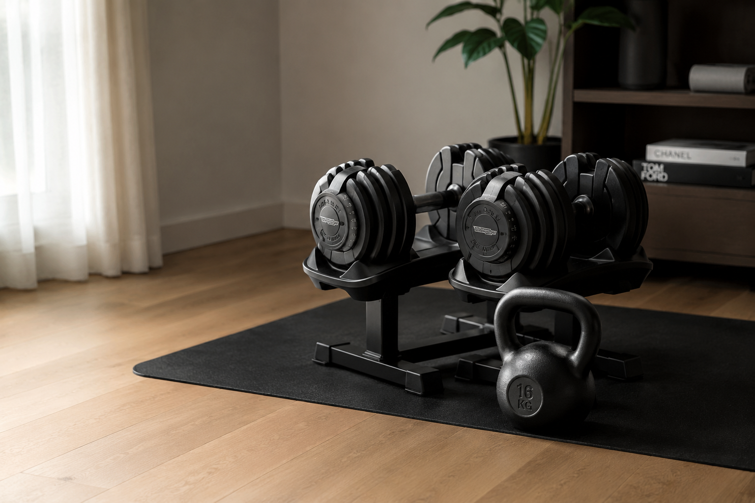 Clean home training space with adjustable dumbbells, a kettlebell, and an exercise mat