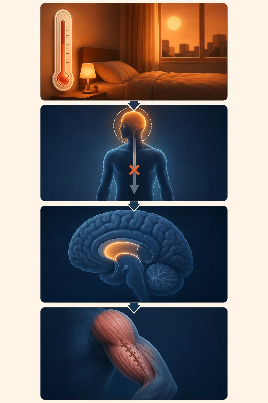 Explanatory sequence showing heat blocking body cooling, weakening deep sleep, and reducing muscle recovery