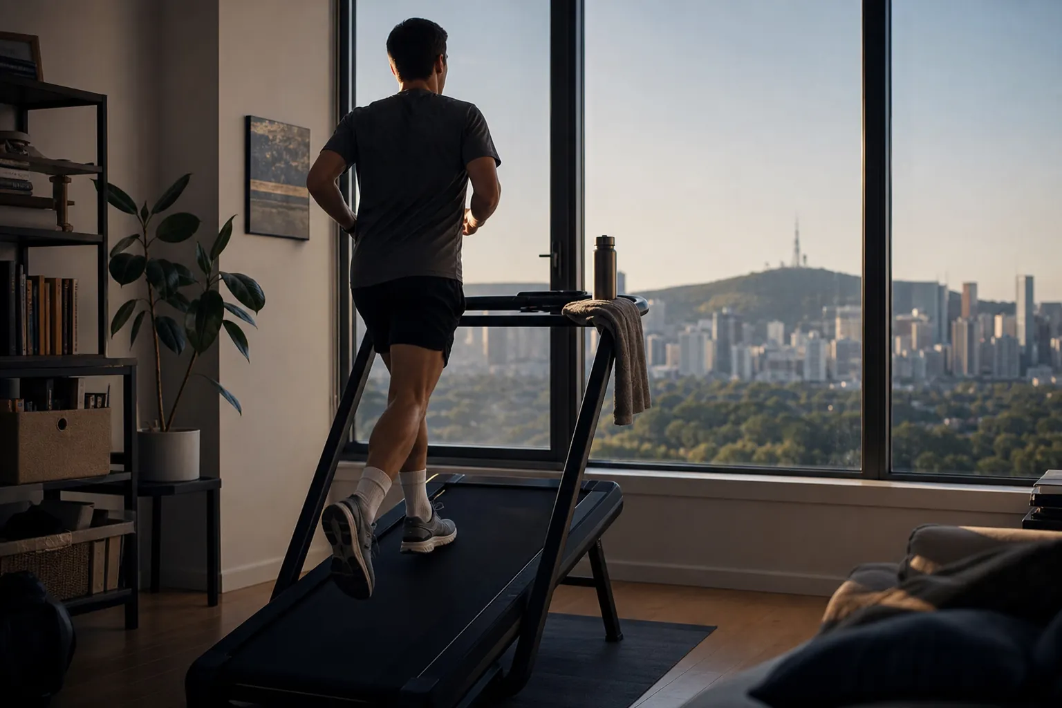 Compact treadmill set at a steep incline in a small apartment at dawn for indoor hill training