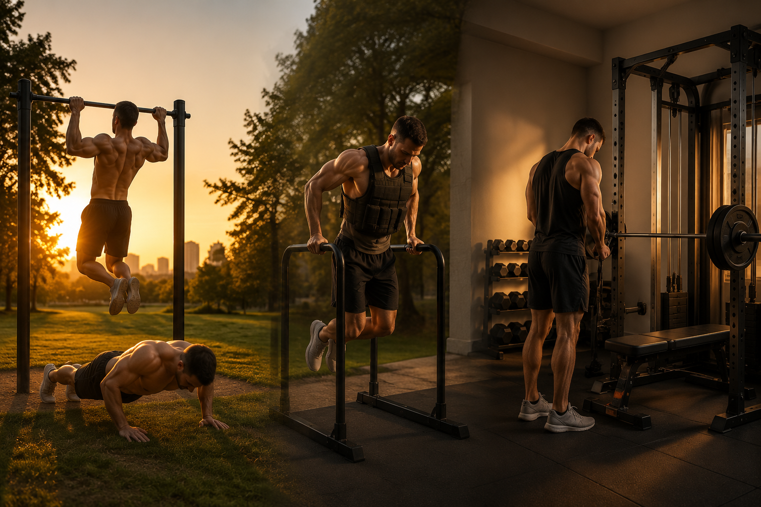 Bodyweight-to-barbell progression from park calisthenics to weighted vest dips and a modest home gym