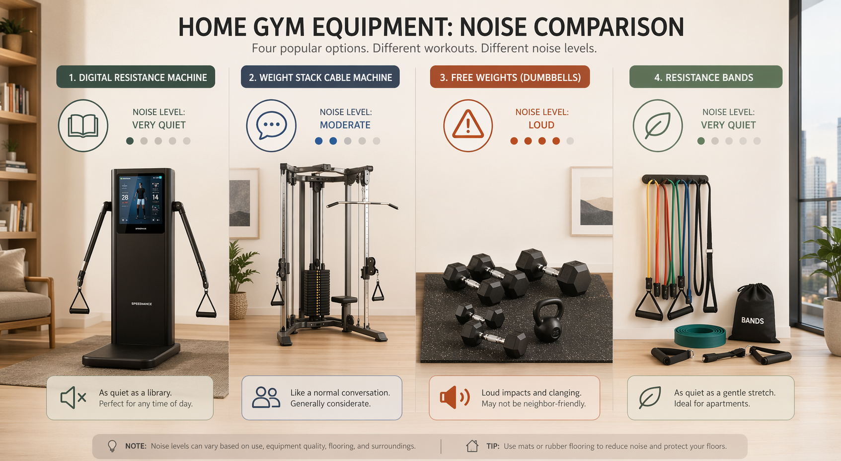 Comparison of digital resistance, weight stack cable machine, free weights, and resistance bands with relative noise indicators