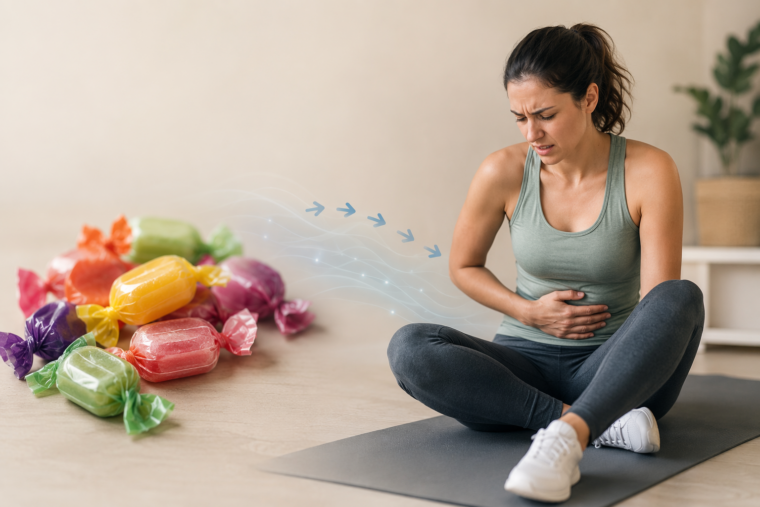 Sugar-free candies beside a home exerciser holding their stomach in discomfort