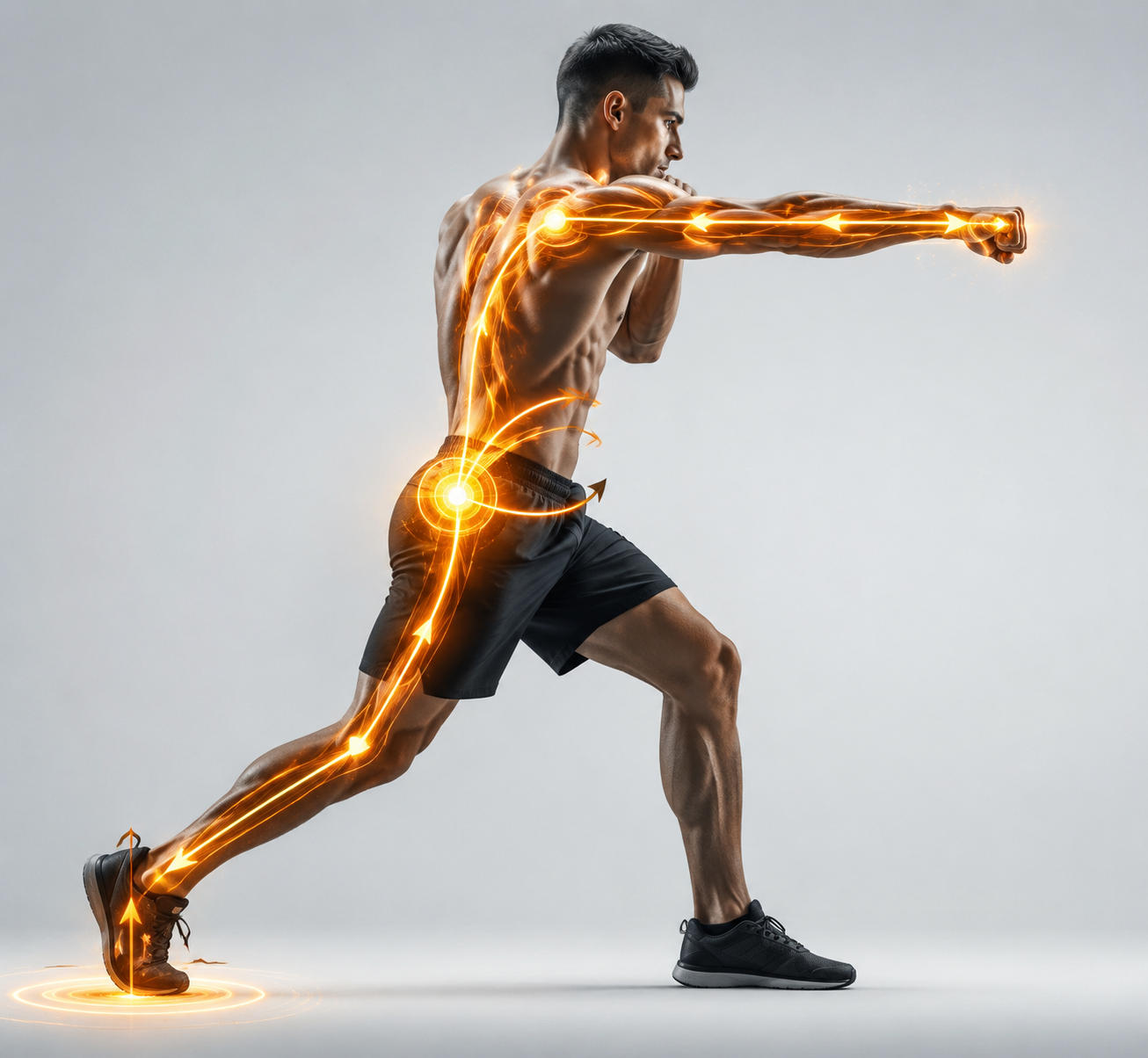 Illustrated fighting stance showing kinetic chain force from rear foot through hip, core, shoulder, and fist