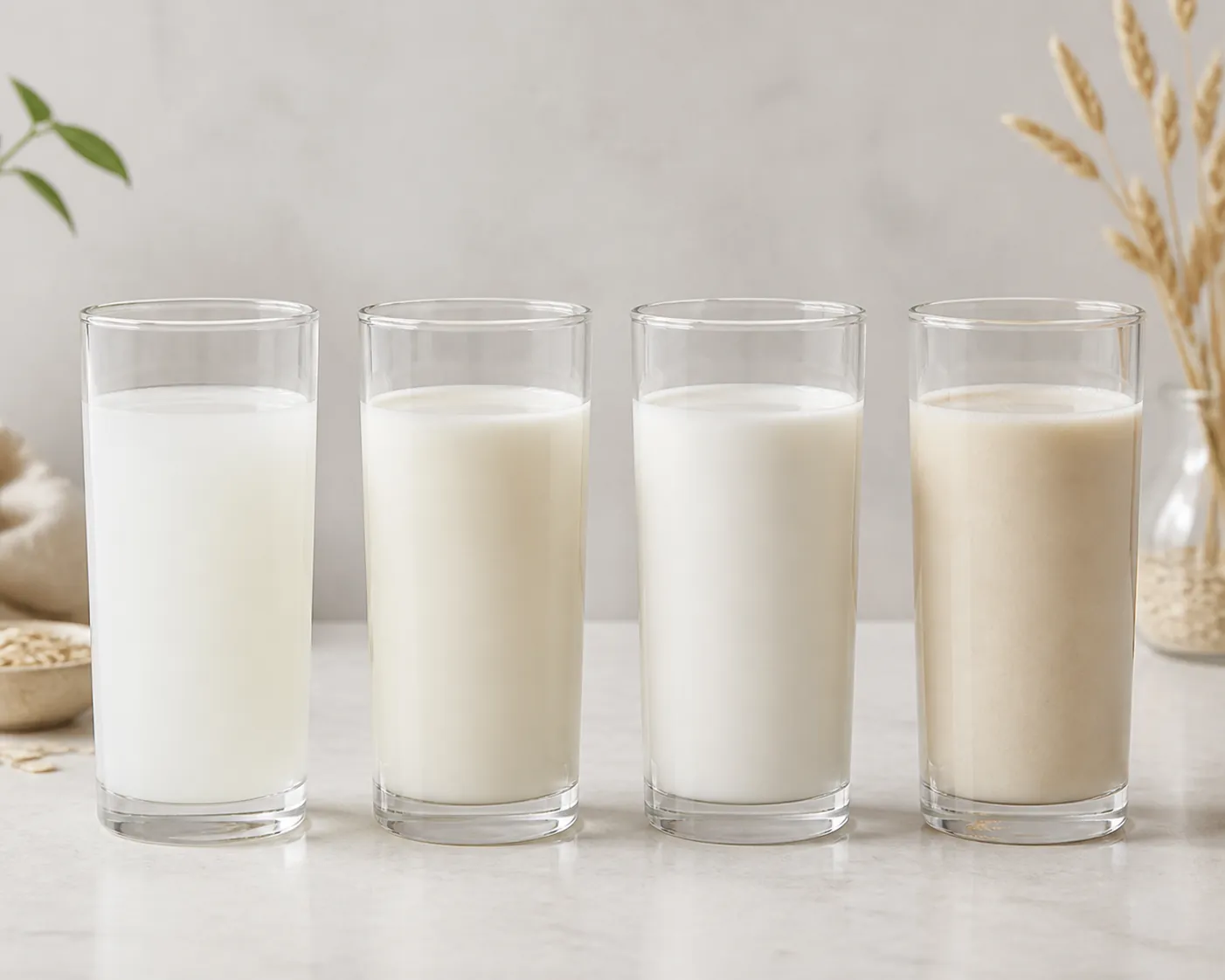 Four glasses showing skim, low-fat, whole, and oat milk on a countertop