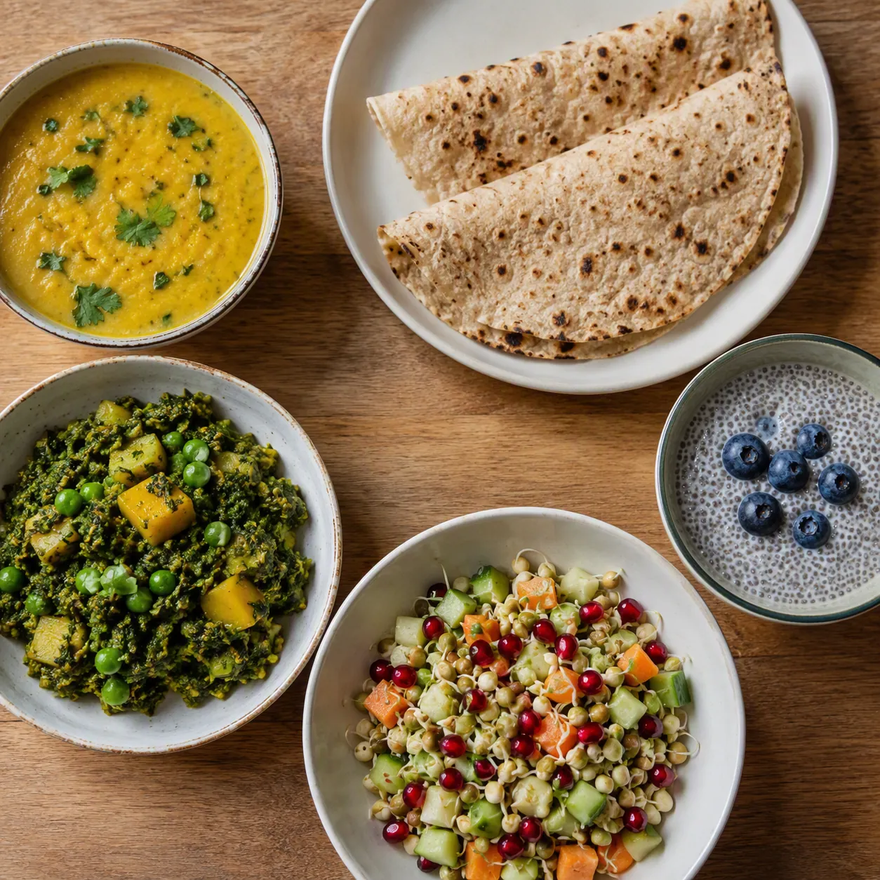 Simple Indian plant-based dishes including dal, gluten-free roti, sabzi, sprouts salad, and chia seeds in almond milk