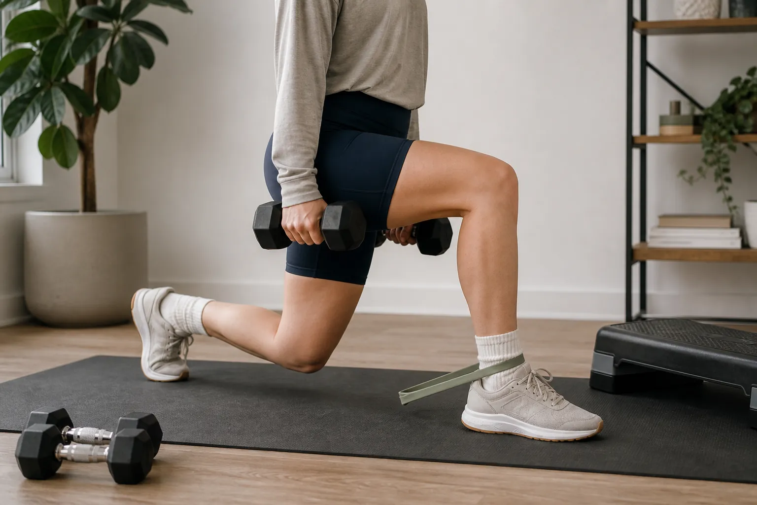 Person performing a dumbbell split squat with a resistance band in a home gym