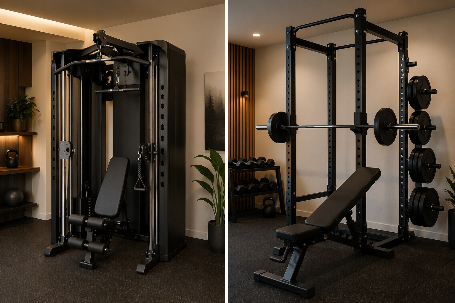 Split comparison of a compact all-in-one gym machine and a modular power rack setup with barbell, plates, and bench