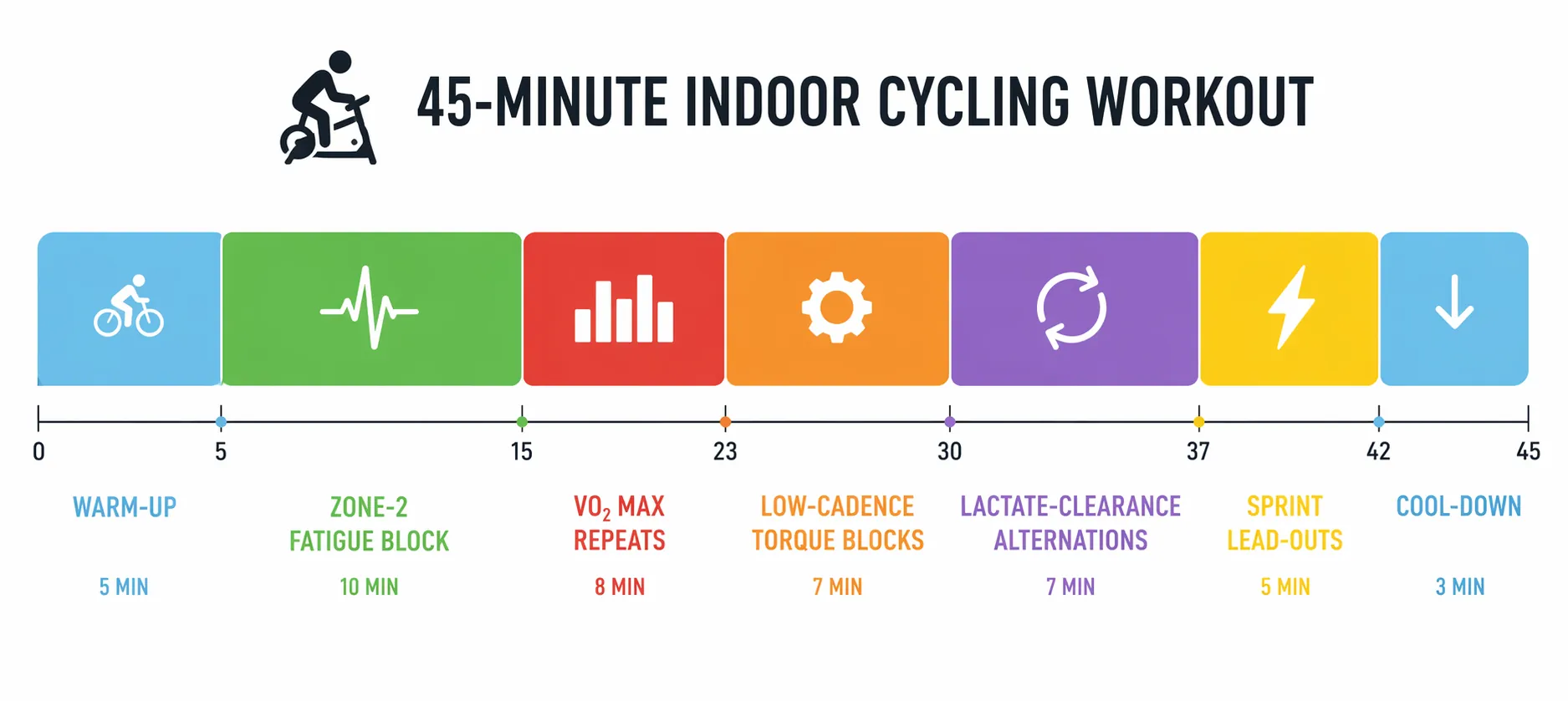 A color-coded 45-minute indoor cycling workout timeline with warm-up, zone-2, VO2 max, torque, lactate clearance, sprints, and cool-down segments