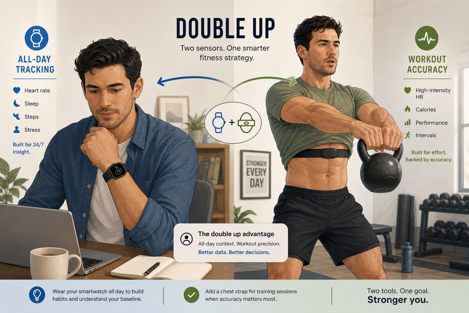 Split-composition editorial illustration showing the 'double up' strategy: left side shows a person's wrist with a smartwatch at a desk with a coffee cup for all-day wear, right side shows the same person in workout clothes with a chest strap visible while exercising, with a curved connection arrow between the two scenes.