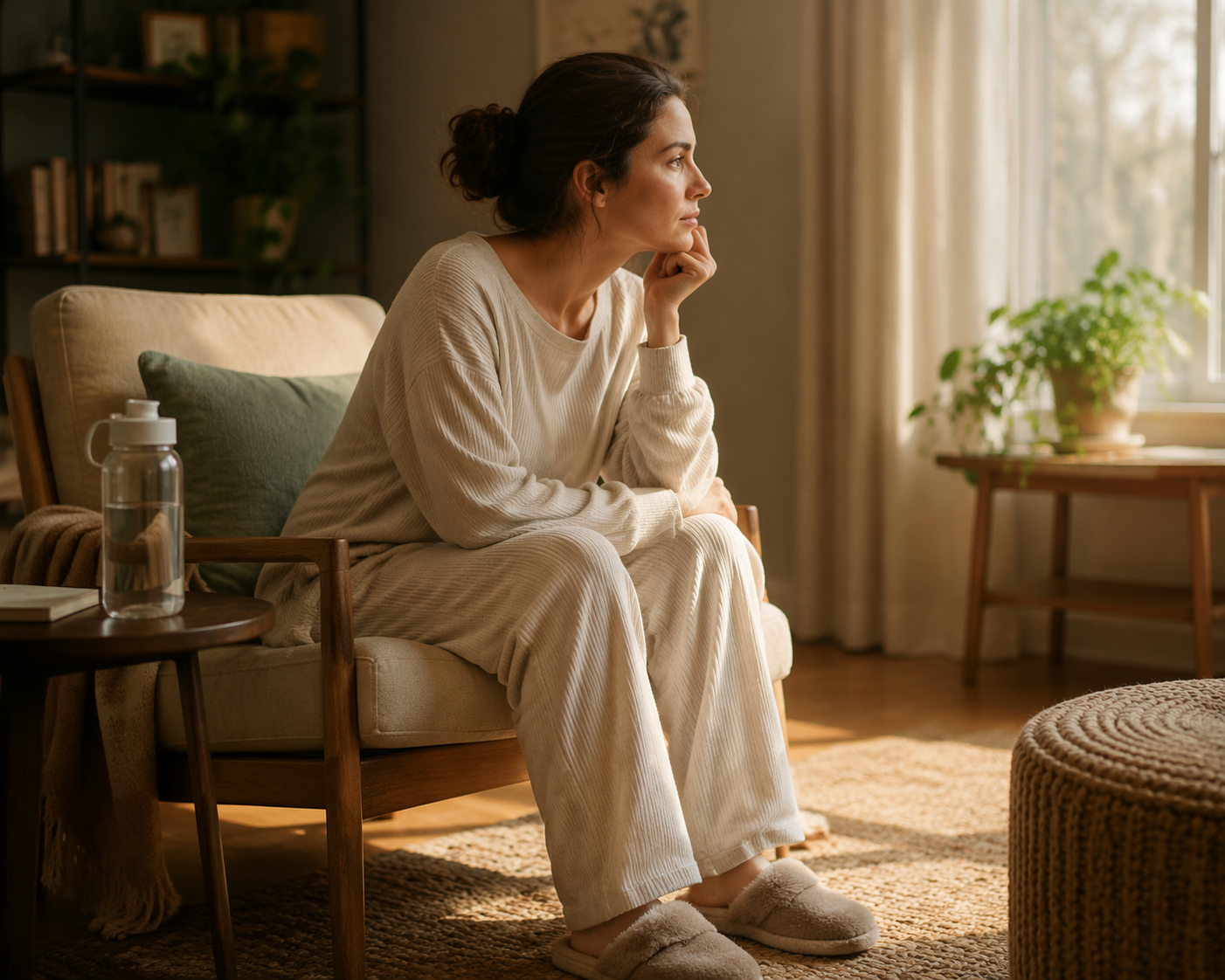 Person sitting on the edge of an armchair in a calm sunlit living room with a water bottle nearby