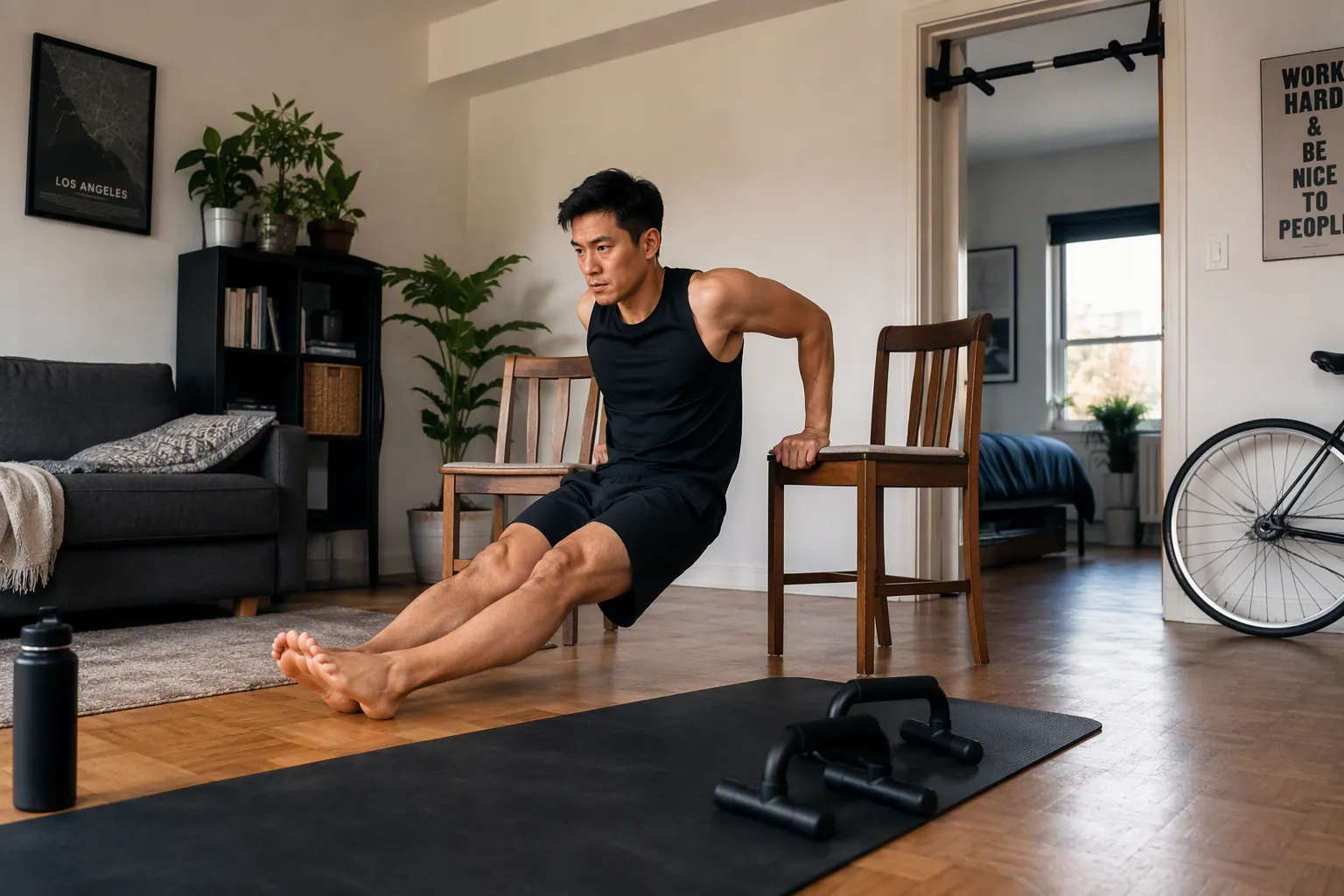 Apartment setup with dips between chairs, floor space for bodyweight exercises, and a doorway pull-up bar