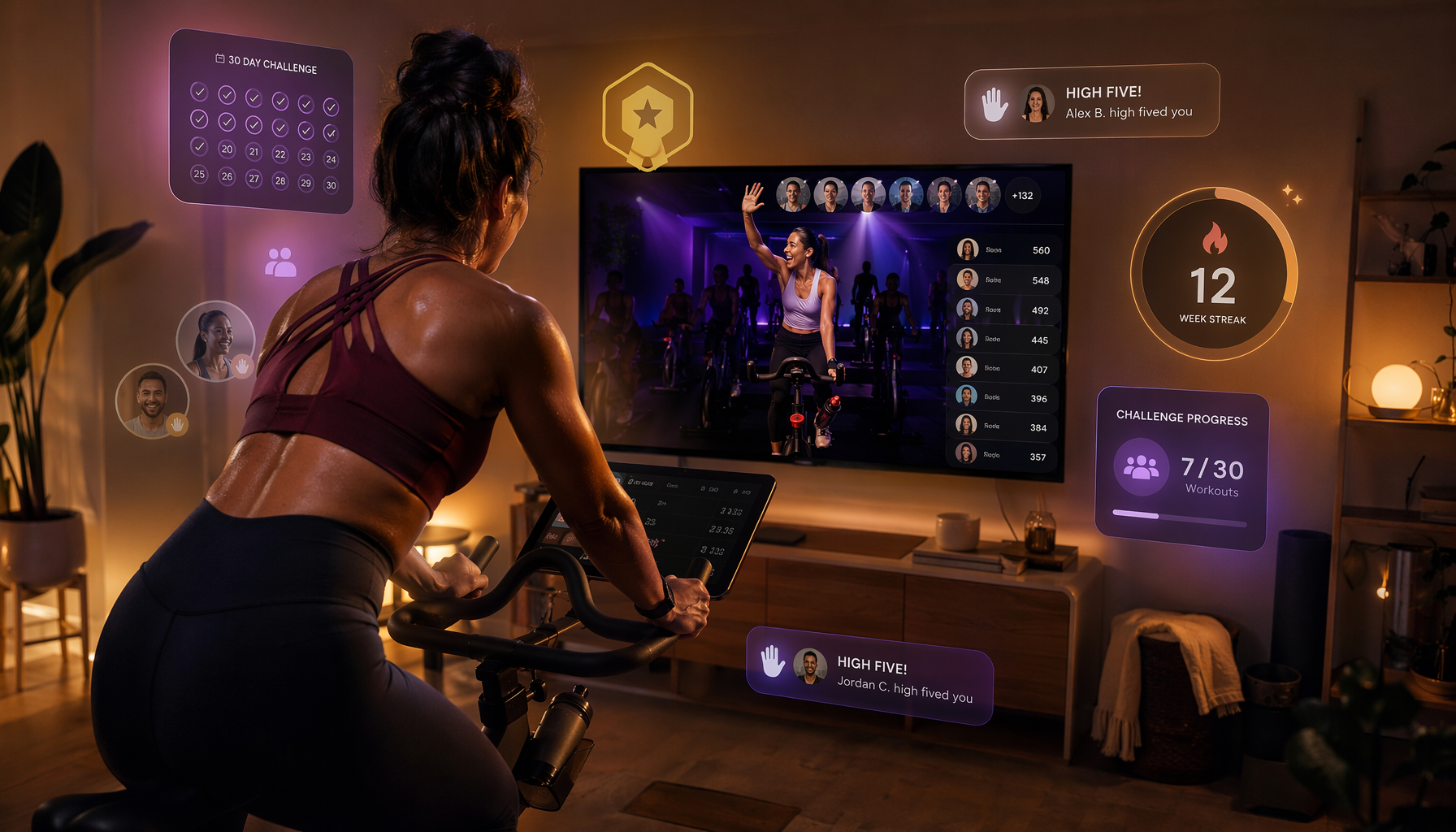Peloton-style live class screen with leaderboard, participant profiles, badges, challenges, and high-five notifications