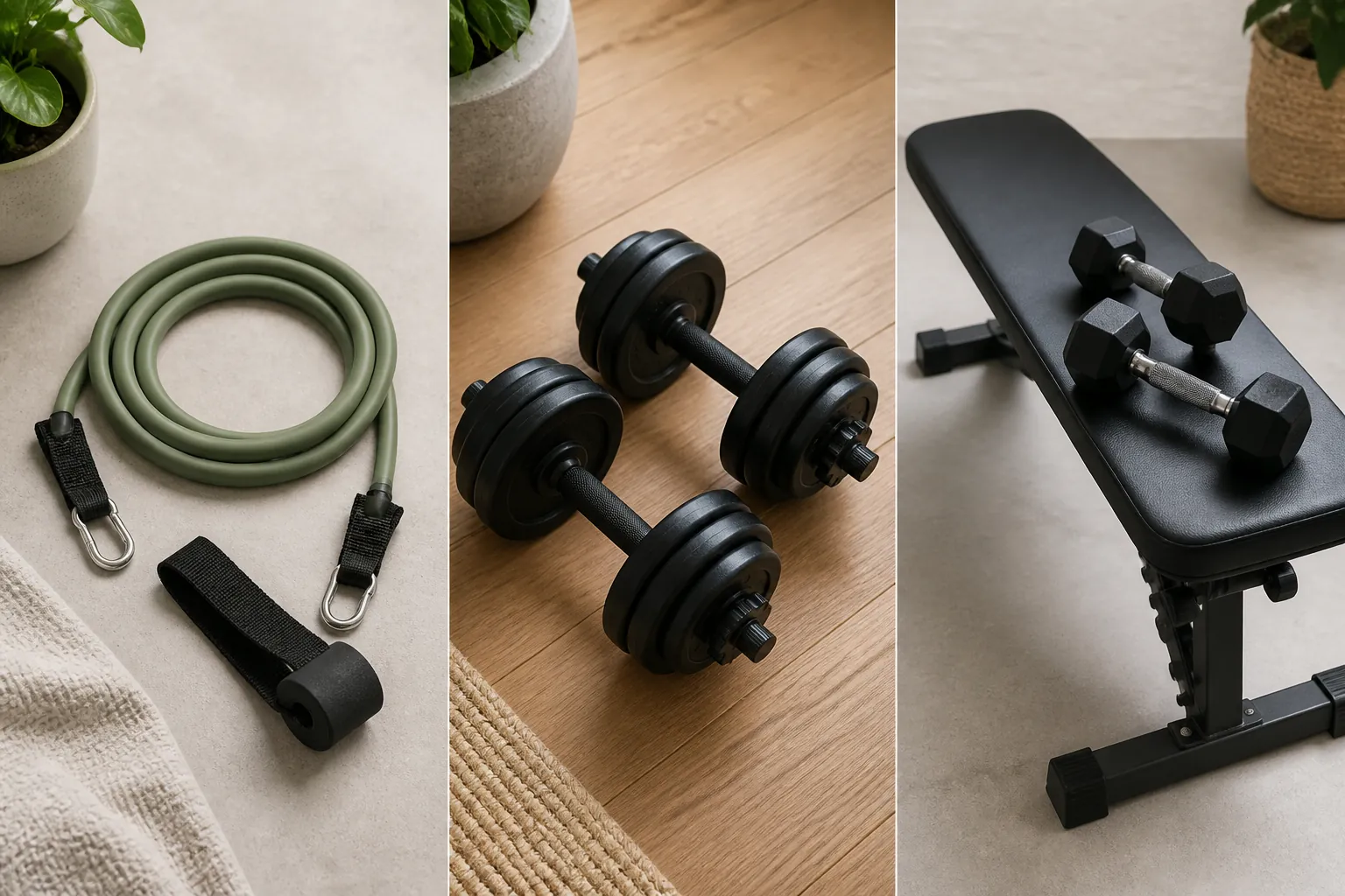 Three home workout gear setups with resistance band, adjustable dumbbells, and compact bench