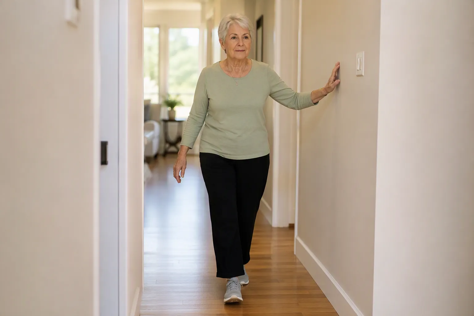 Older woman walking heel to toe along a clear indoor hallway with one hand lightly touching the wall