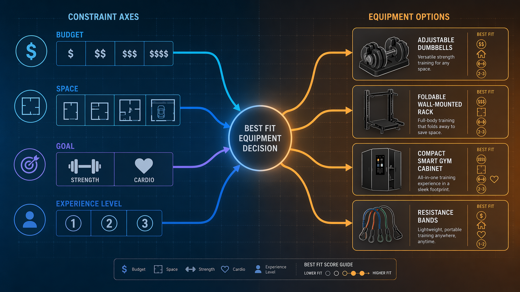 Split-screen infographic: left side shows four constraint axes (budget, space, goal, experience) with icons converging into a central decision node; right side shows silhouettes of home gym equipment.