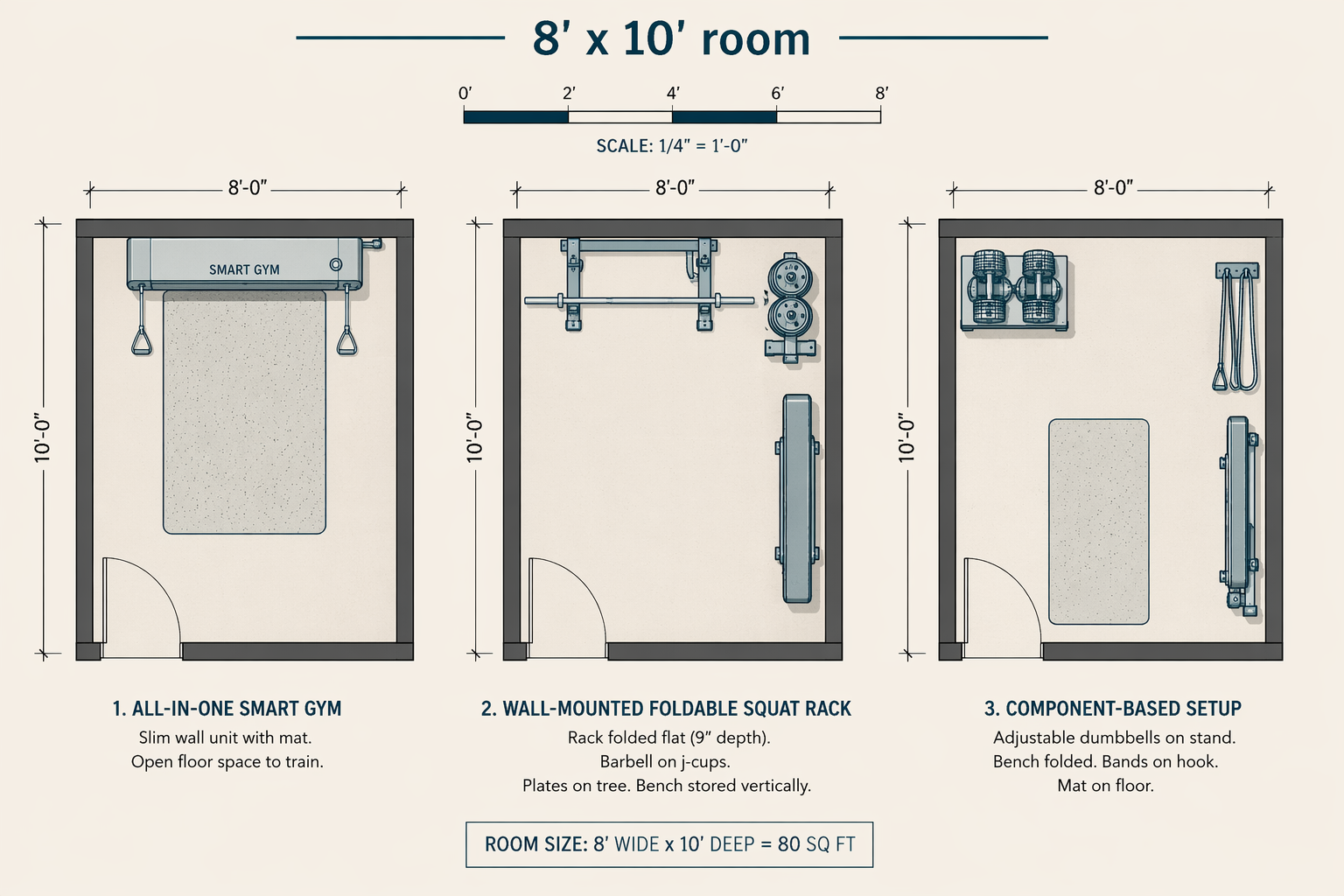 Top-down floor plans of an 8x10 room showing three scenarios: all-in-one unit on wall with mat, wall-mounted rack folded with equipment, and component setup with dumbbells and folded bench.