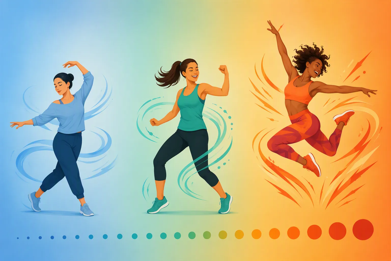 Intensity spectrum showing low-impact, Zumba-style, and high-impact dance cardio