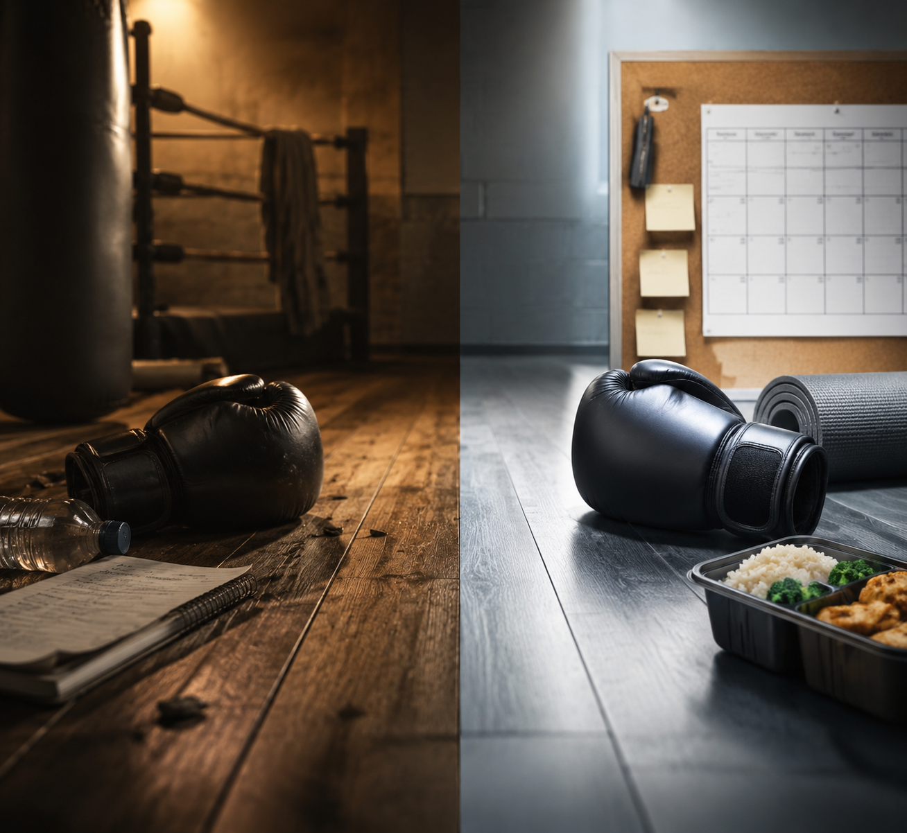 Boxing gloves beside a scattered notebook contrasted with gloves beside a schedule, yoga mat, and meal prep container