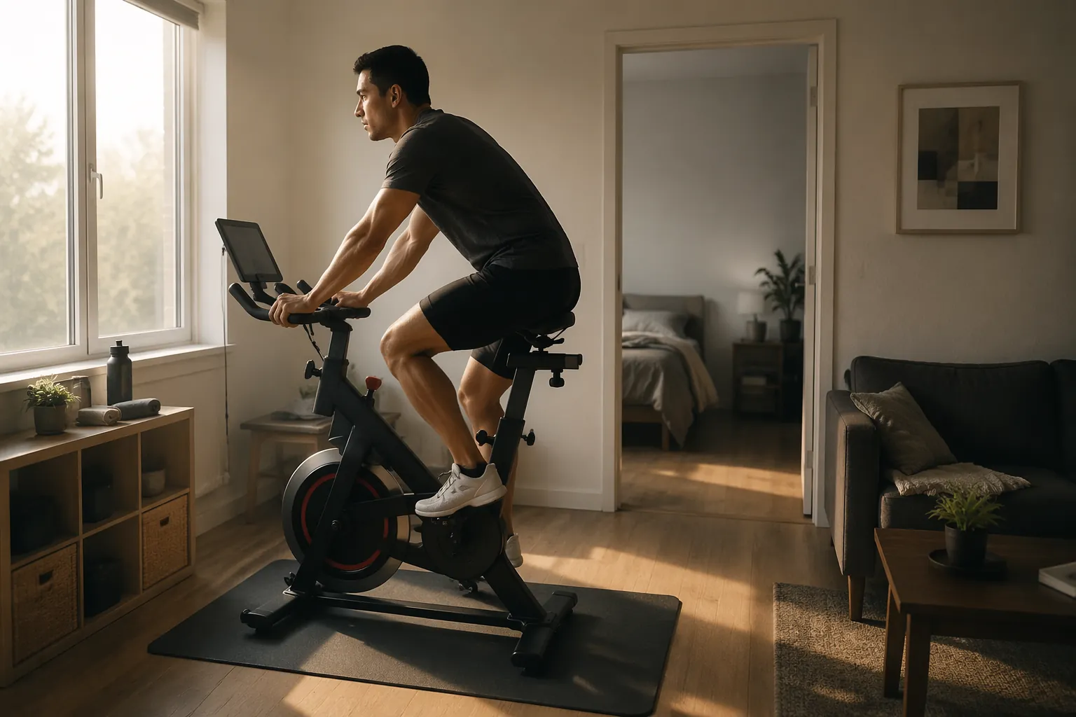 Person riding a stationary bike on a mat in a compact apartment room with early morning light