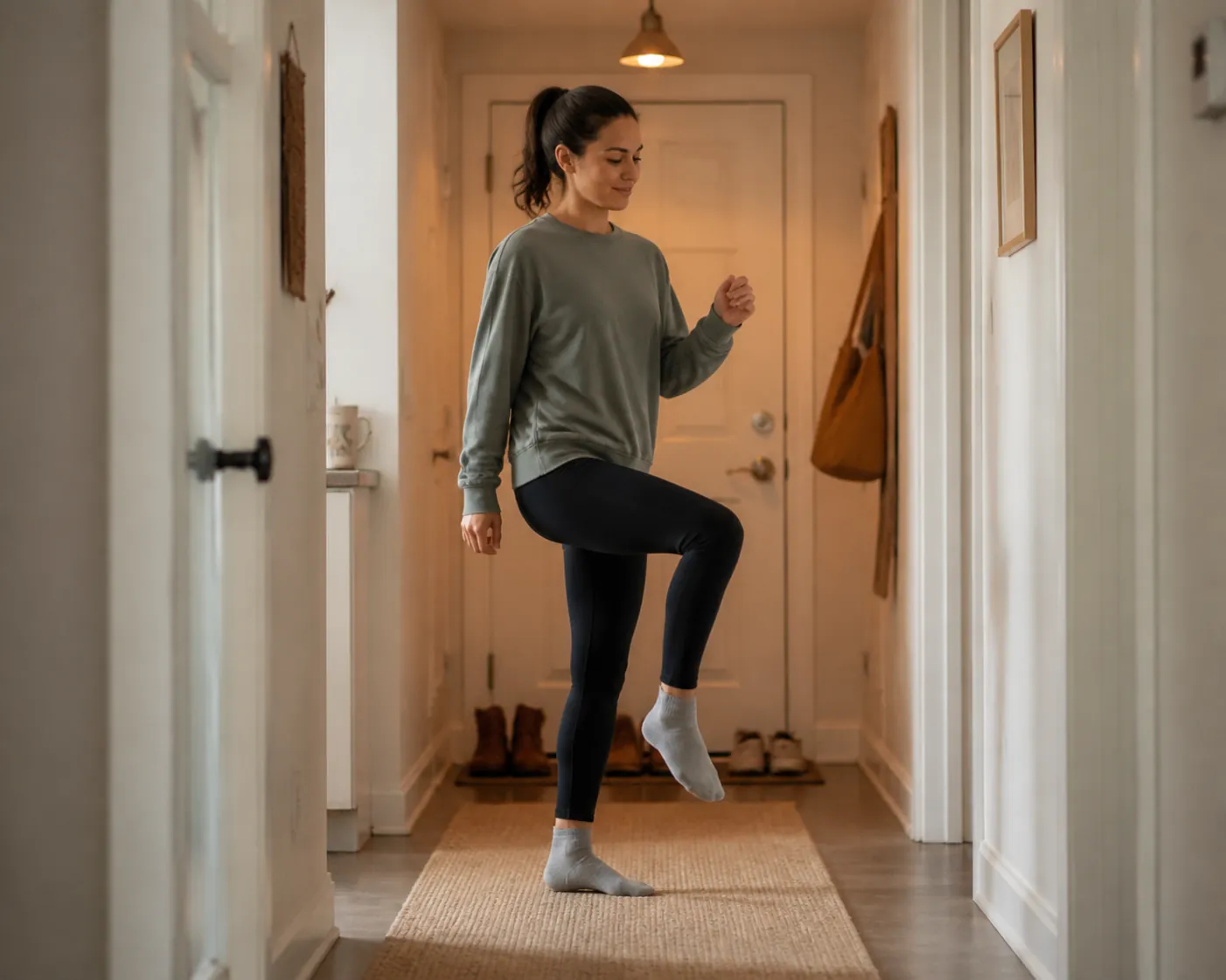 A person in socks quietly marching in place on a rug in a narrow apartment hallway