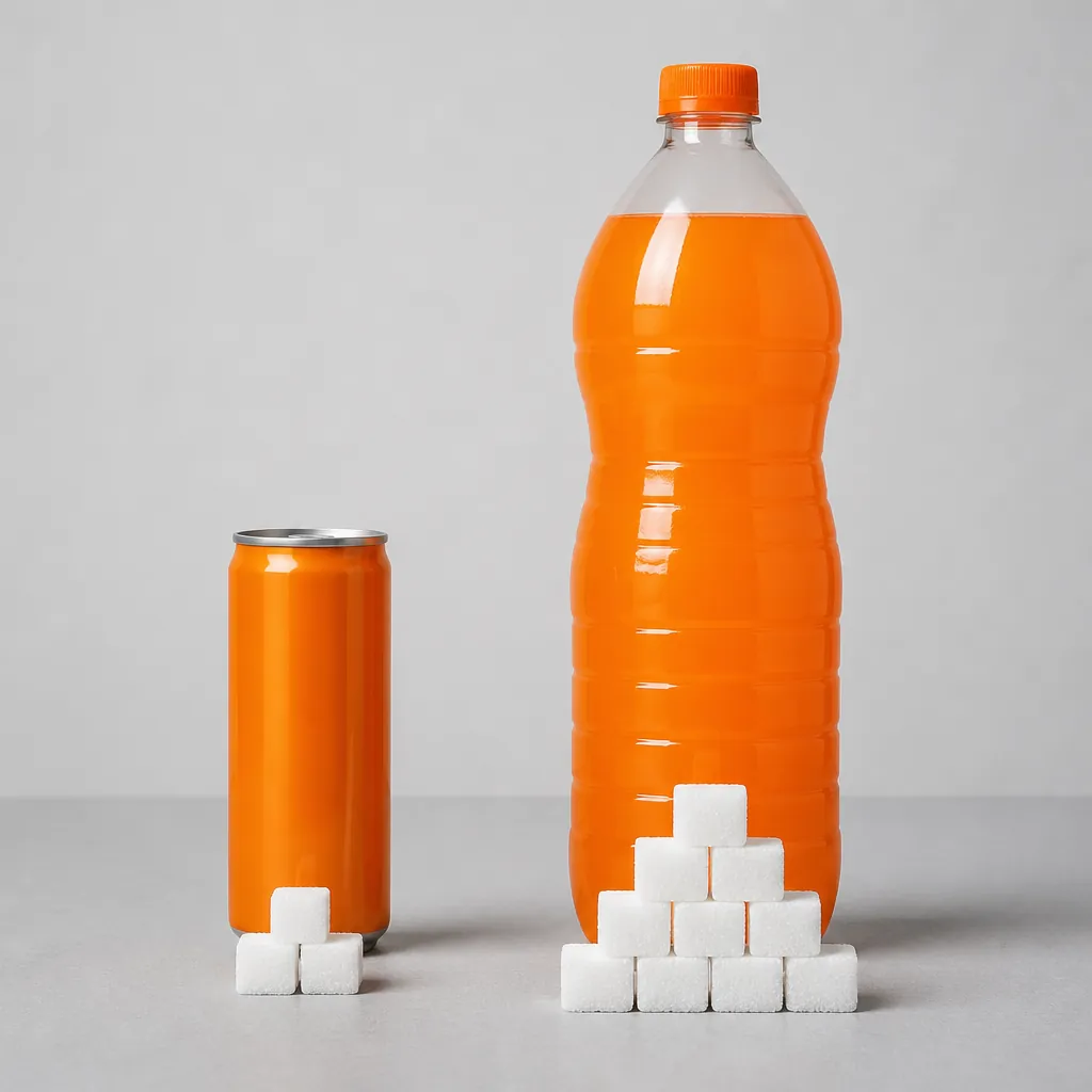 A small orange soda can and larger orange soda bottle with sugar cubes showing the difference in sugar amount