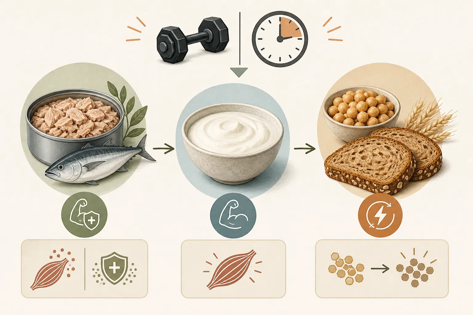 Illustration of tuna, Greek yogurt, chickpeas, whole-grain bread, a dumbbell, and a clock as connected recovery components
