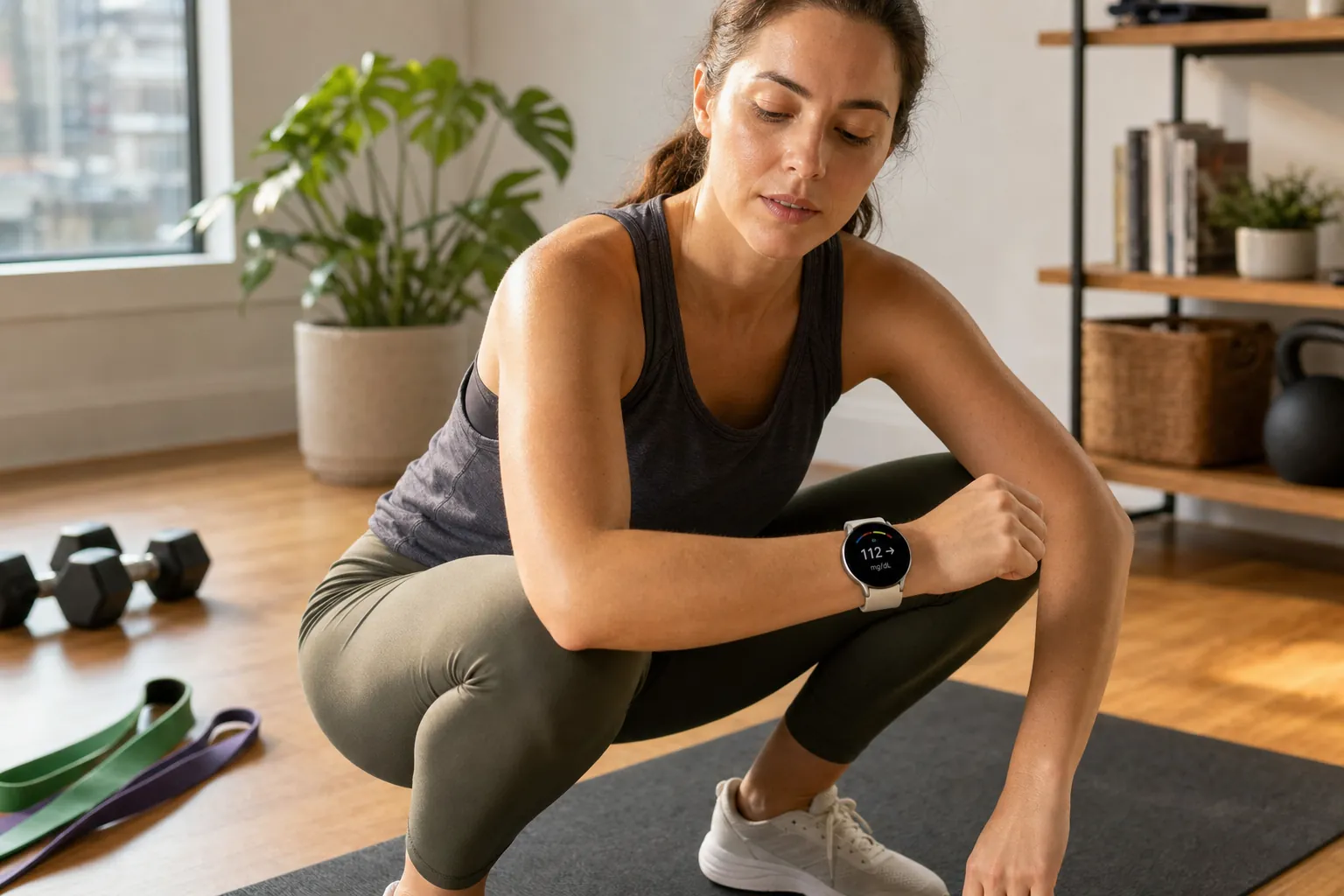 Person doing bodyweight squats in an apartment home gym while checking a Samsung Galaxy Watch glucose display