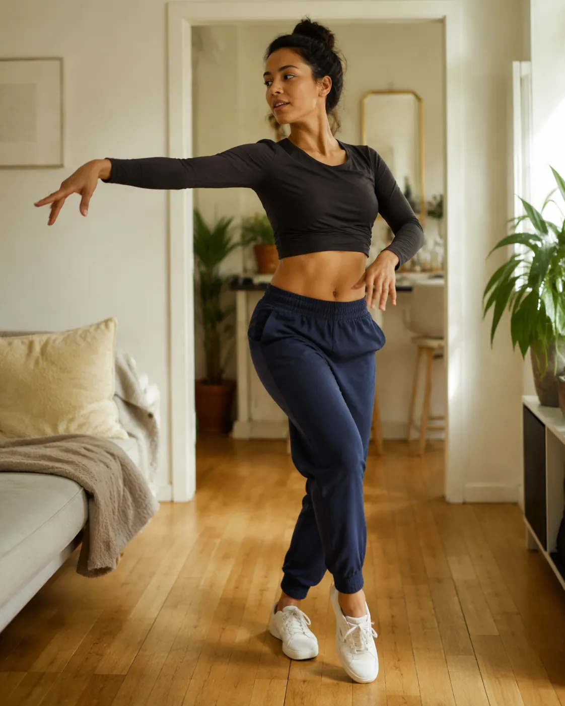 Person doing a salsa lateral footwork step in a small apartment living room