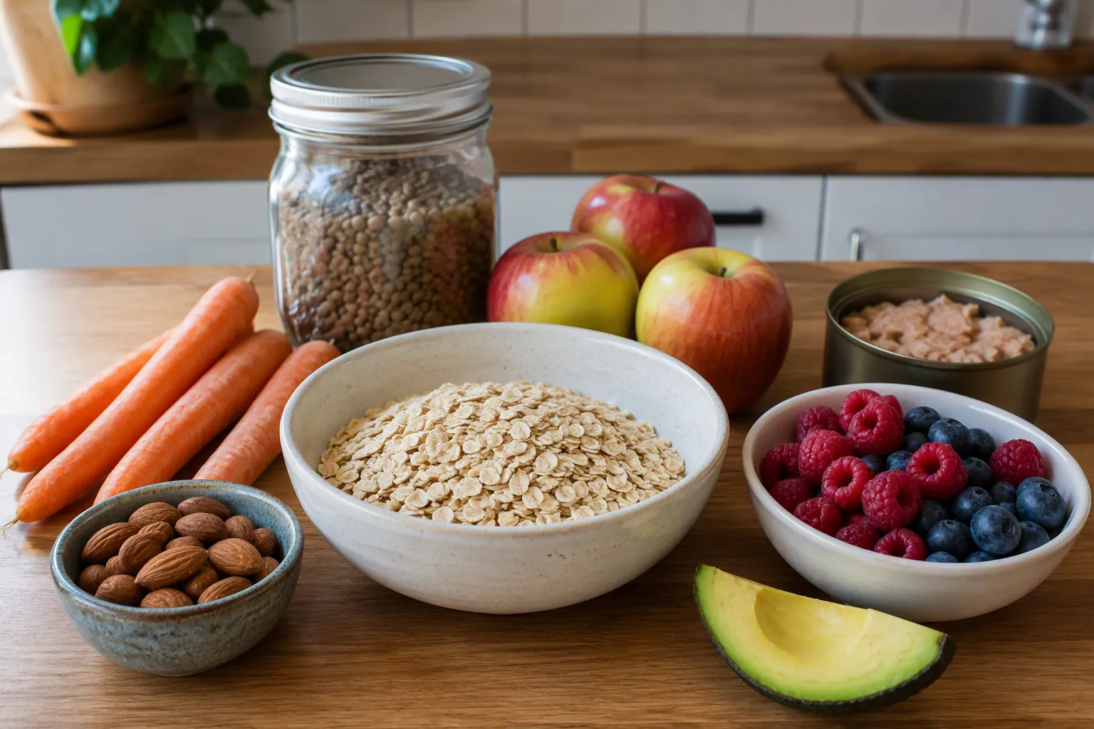 Affordable cholesterol-friendly foods including oats, lentils, apples, almonds, carrots, tuna, berries, and avocado