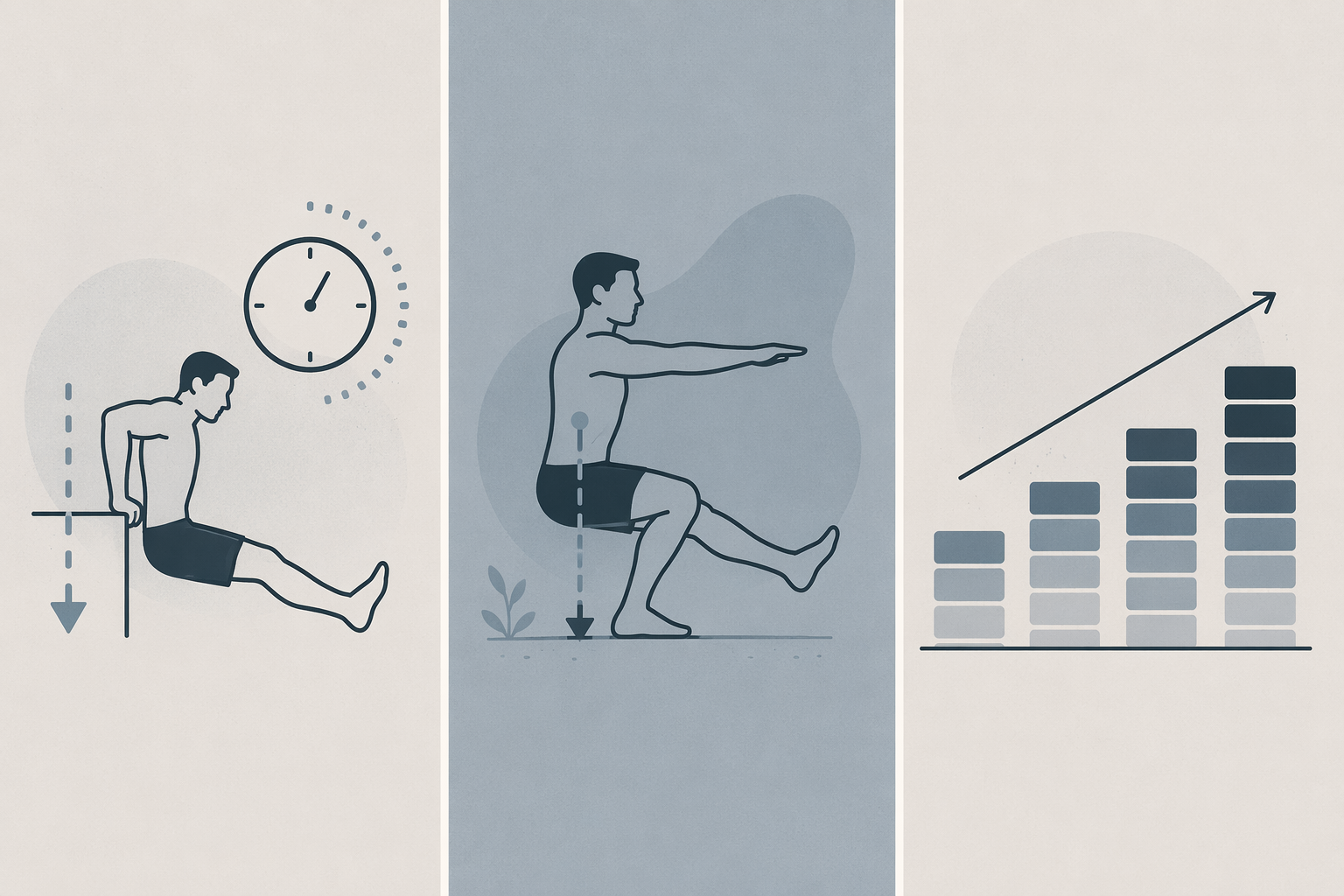 Bodyweight progressive overload methods showing tempo, unilateral loading, and set and rep progression