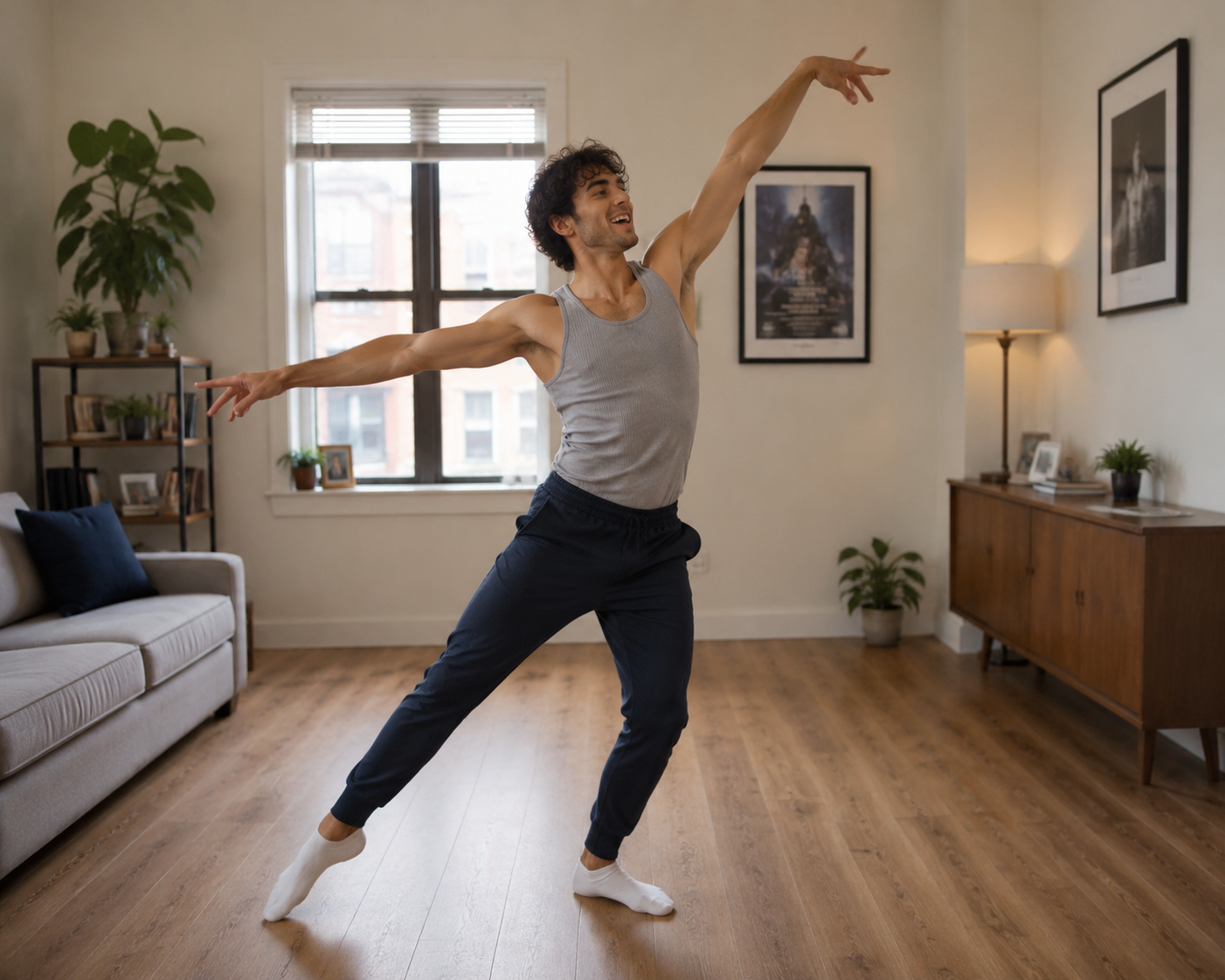 A person doing a Broadway jazz dance pose in a small apartment living room with a cleared floor and no exercise equipment