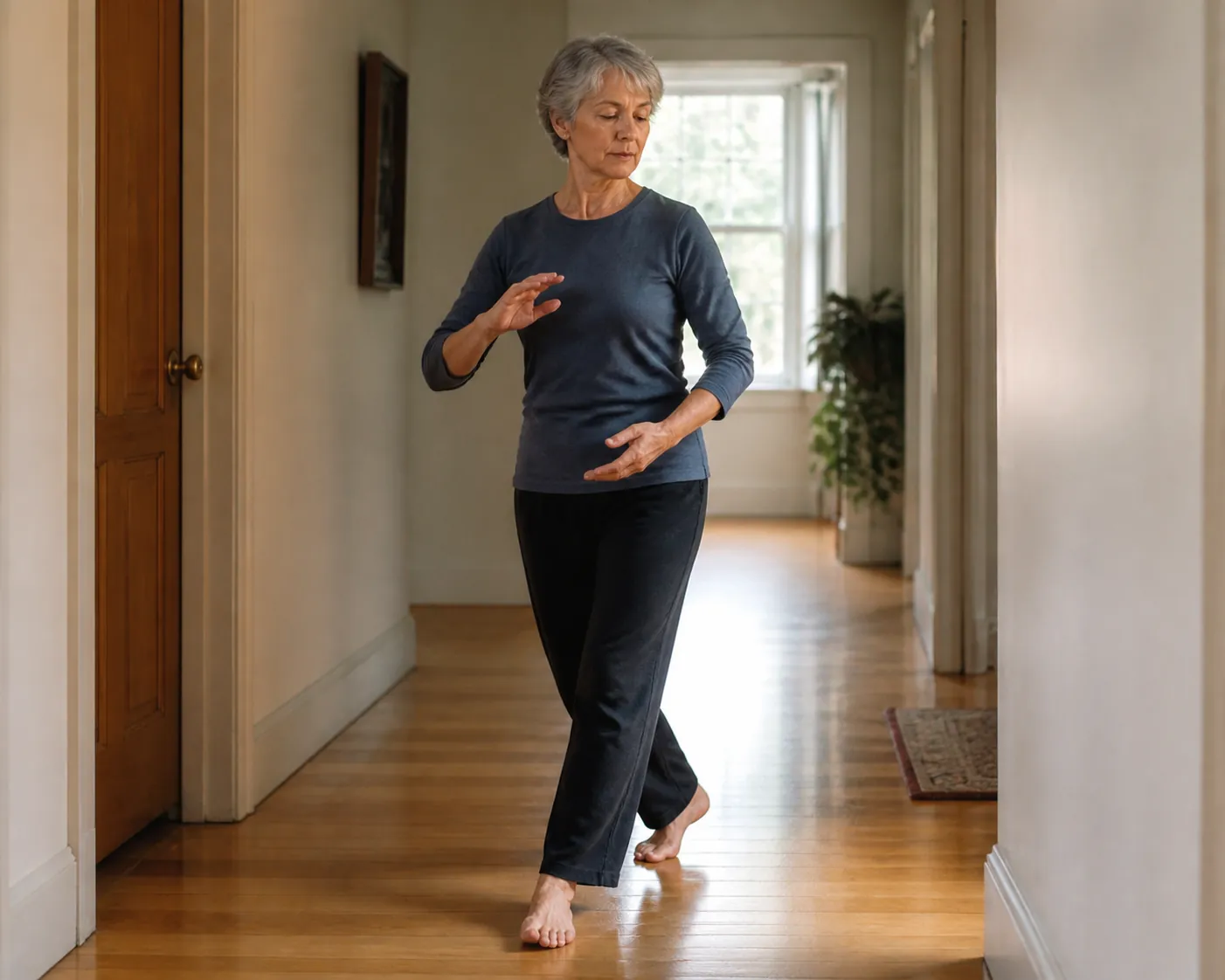 Woman practicing a slow heel-first tai chi walking step in a narrow home hallway