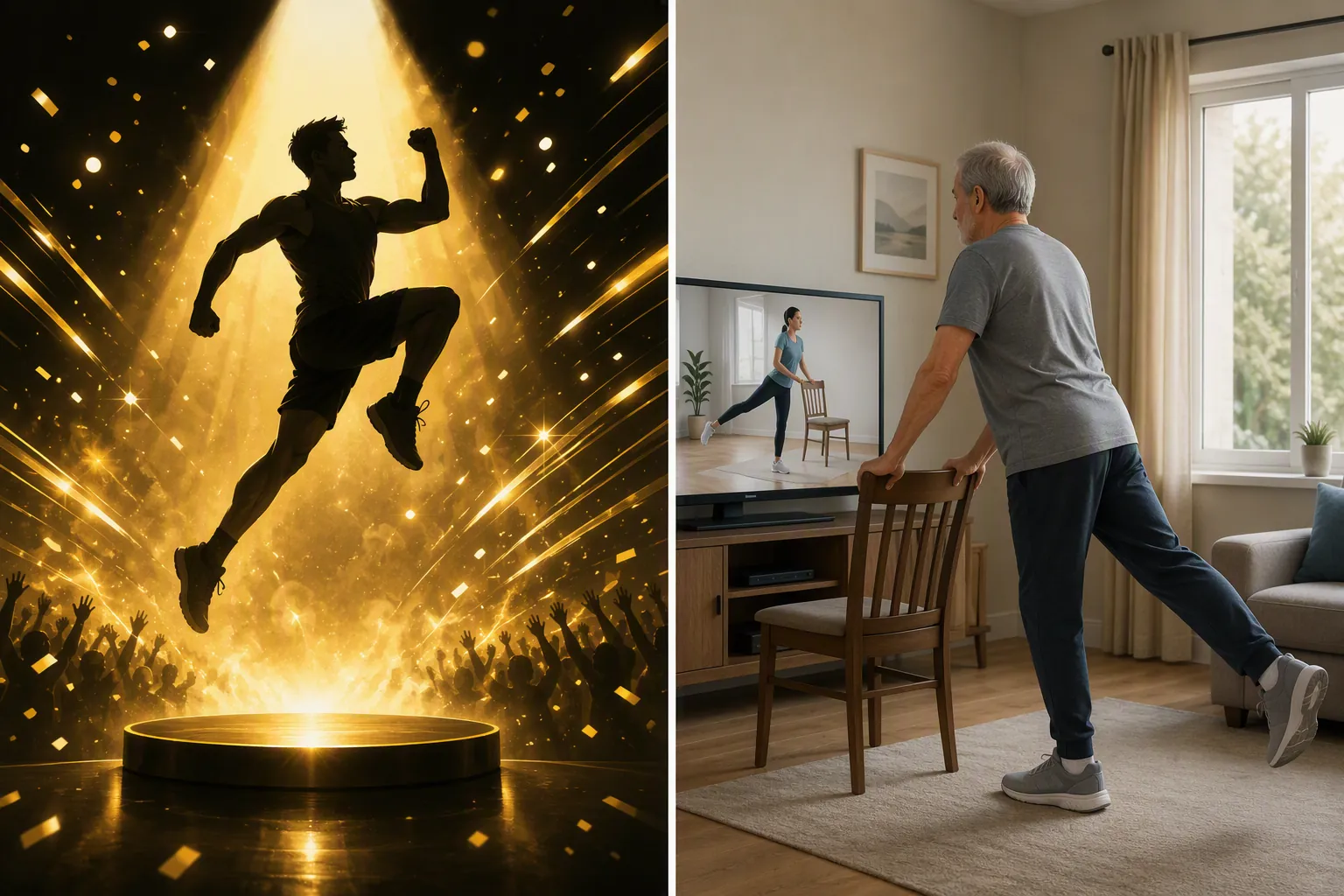 Illustration contrasting a flashy motivational fitness montage with an older man calmly following a chair-supported workout video at home