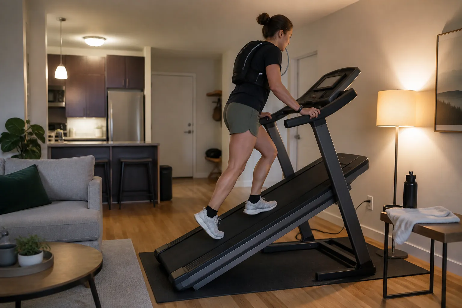 Person power-walking on a steep incline treadmill in a compact apartment with a small hydration pack