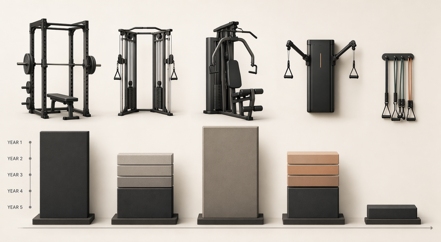 Home gym system icons with cost accumulation stacks