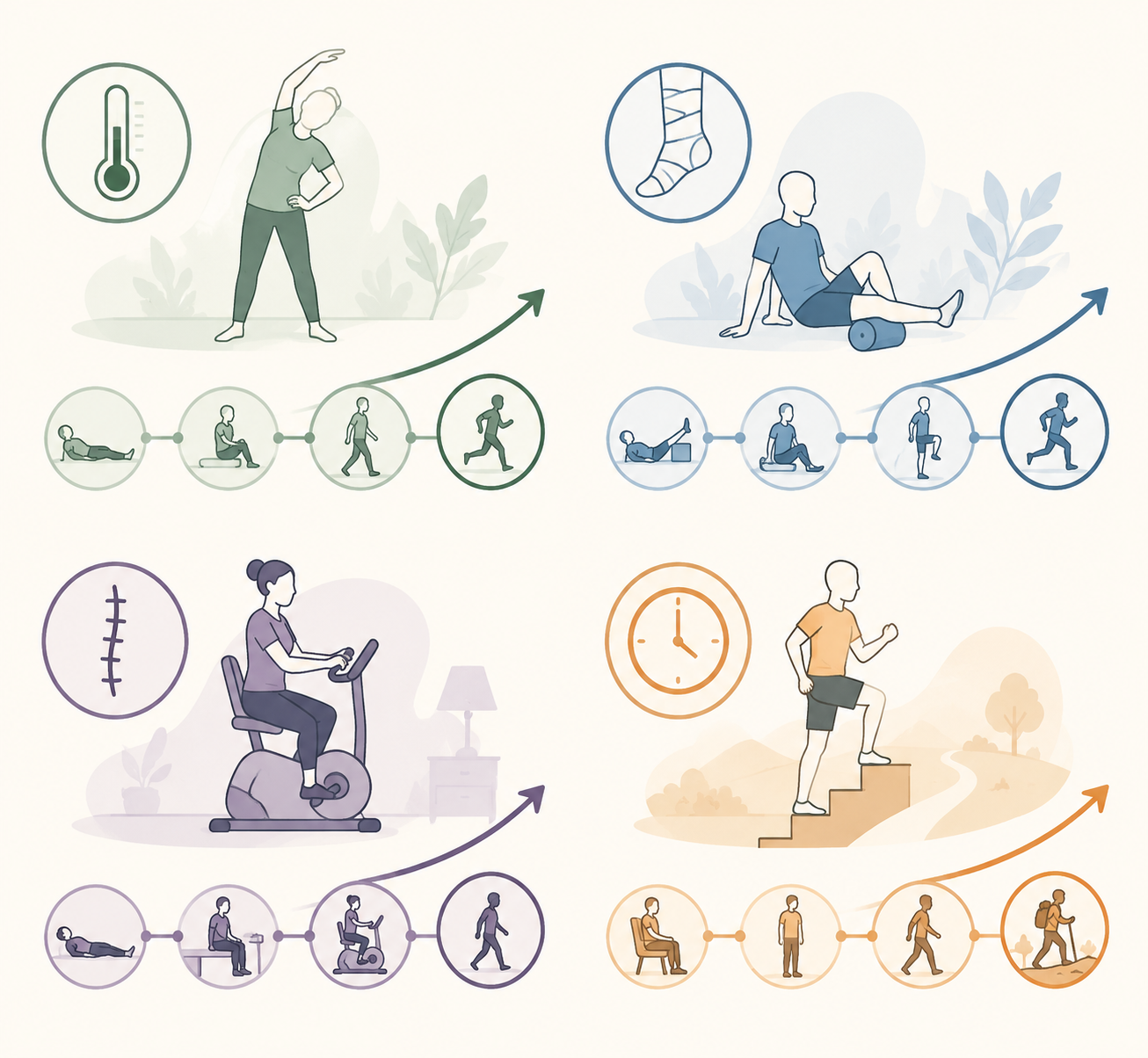 Infographic showing four recovery paths for post-illness, post-injury, post-surgery, and post-deconditioning home exercise