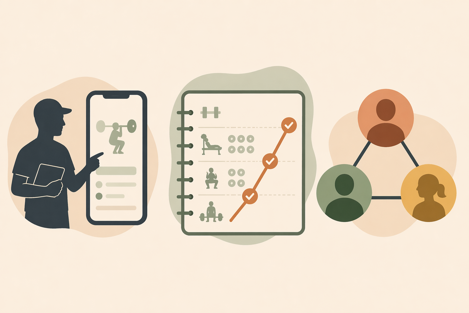 A flat-illustration editorial image with three panels: a coach silhouette next to a phone icon representing human coaching, a workout log with an upward progression line representing progressive overload tracking, and three connected avatar circles representing community accountability.