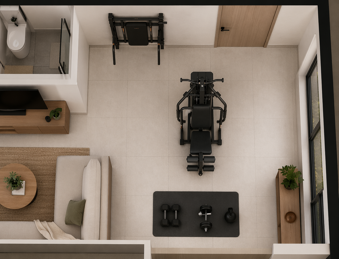 Top-down apartment floor plan showing compact gym setups at different footprint sizes
