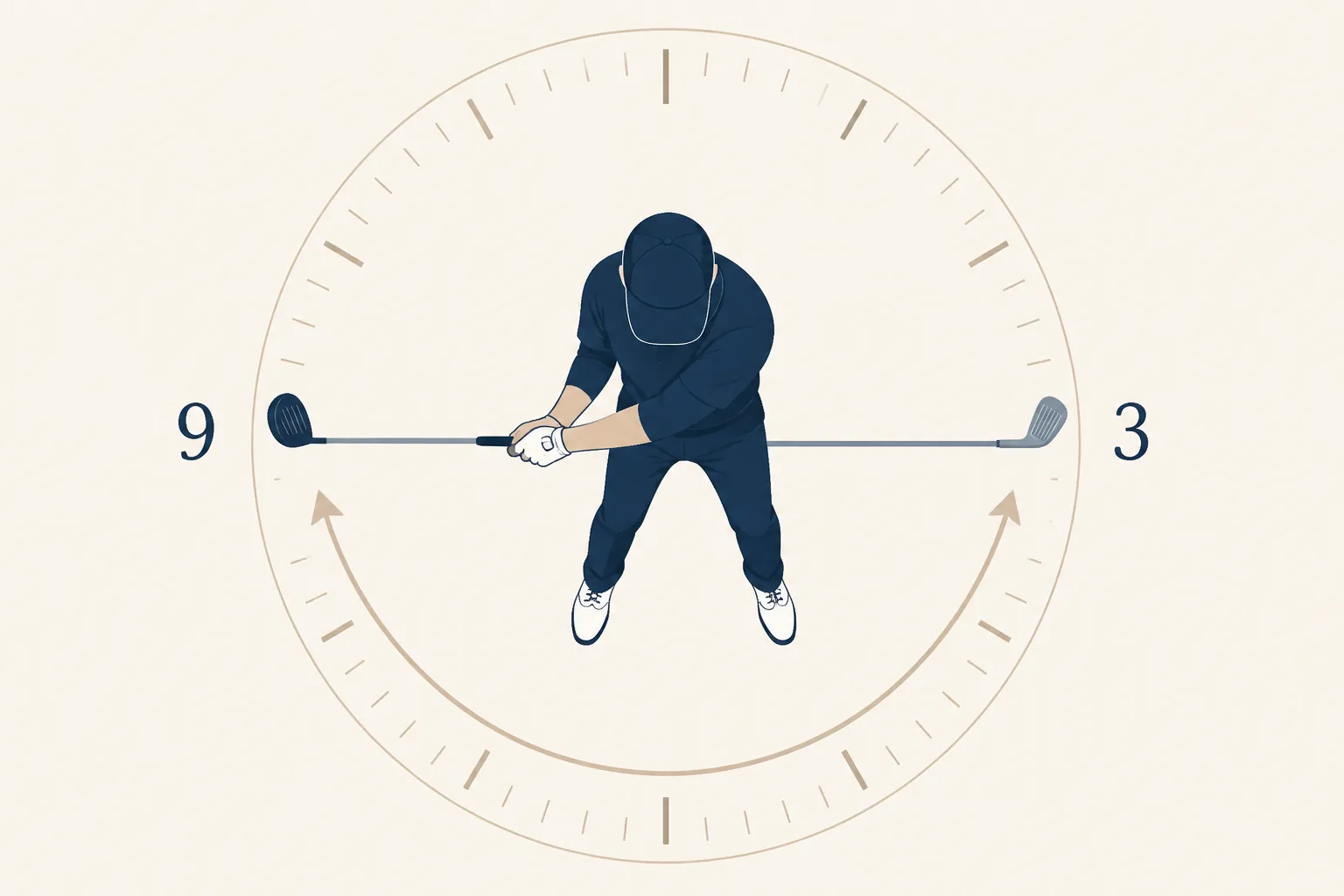 Clock-face illustration showing a golfer's half-swing arc from 9 o'clock to 3 o'clock