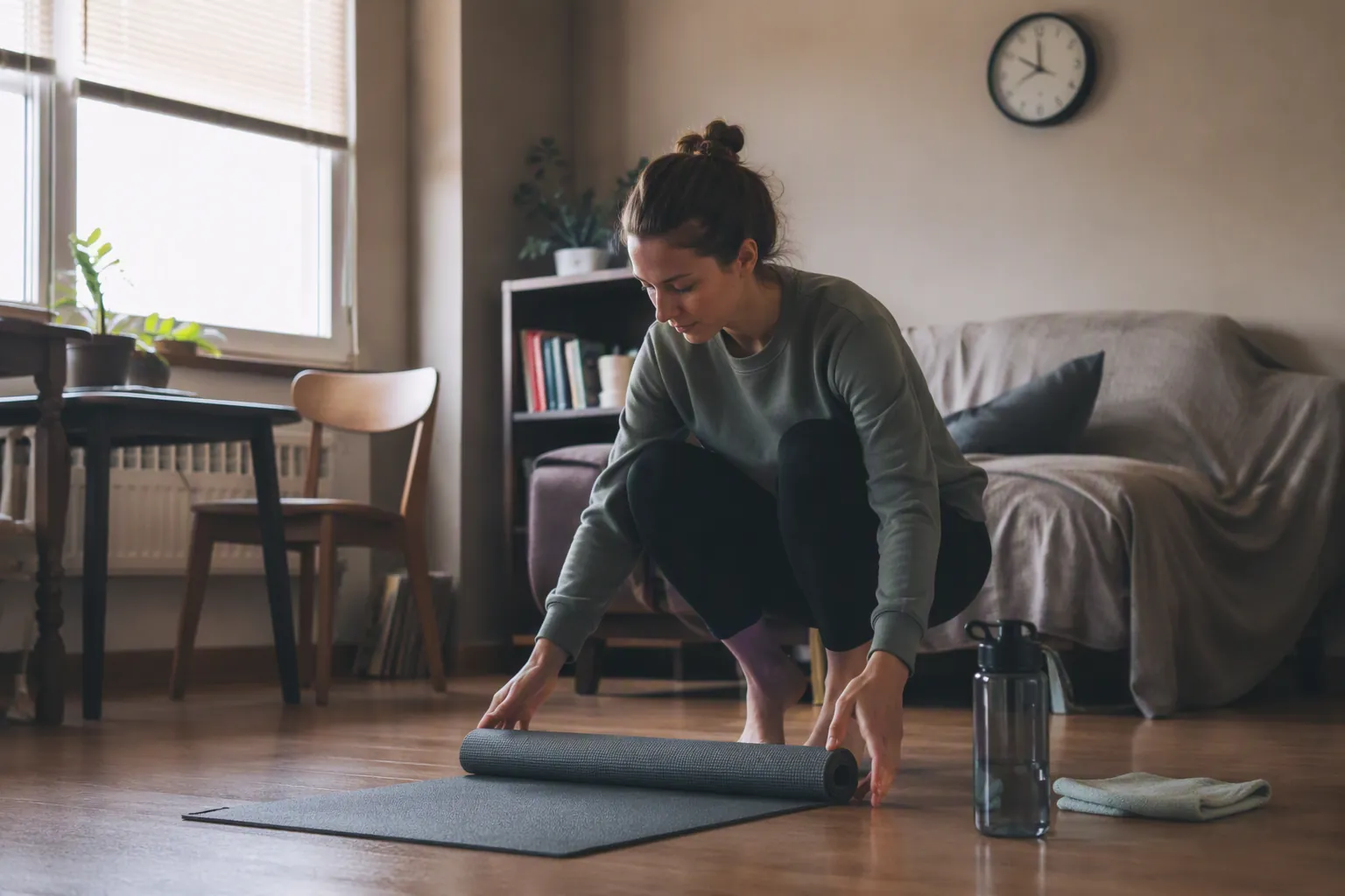 A person unrolling a yoga mat in a small apartment living room for a practical Monday home workout