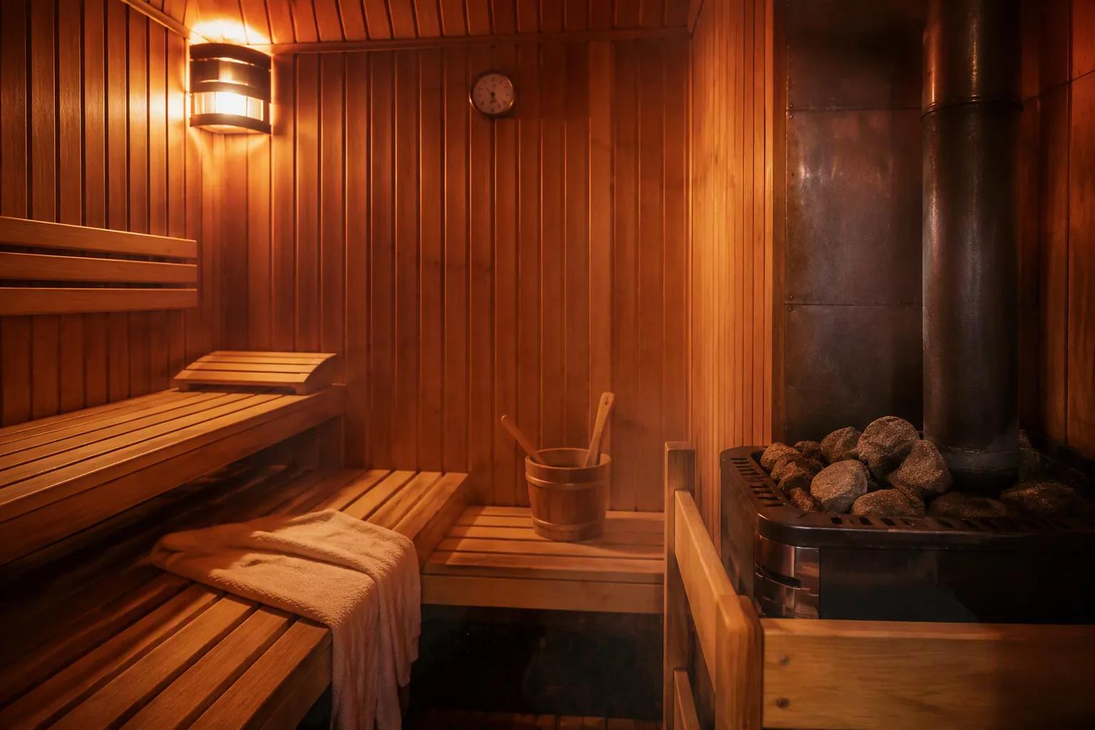 Wooden sauna interior with benches, heated stones, thermometer, towel, and warm amber light