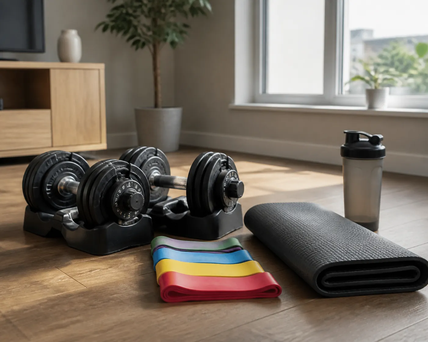 Adjustable dumbbells, resistance bands, exercise mat, and protein shaker on a wooden floor