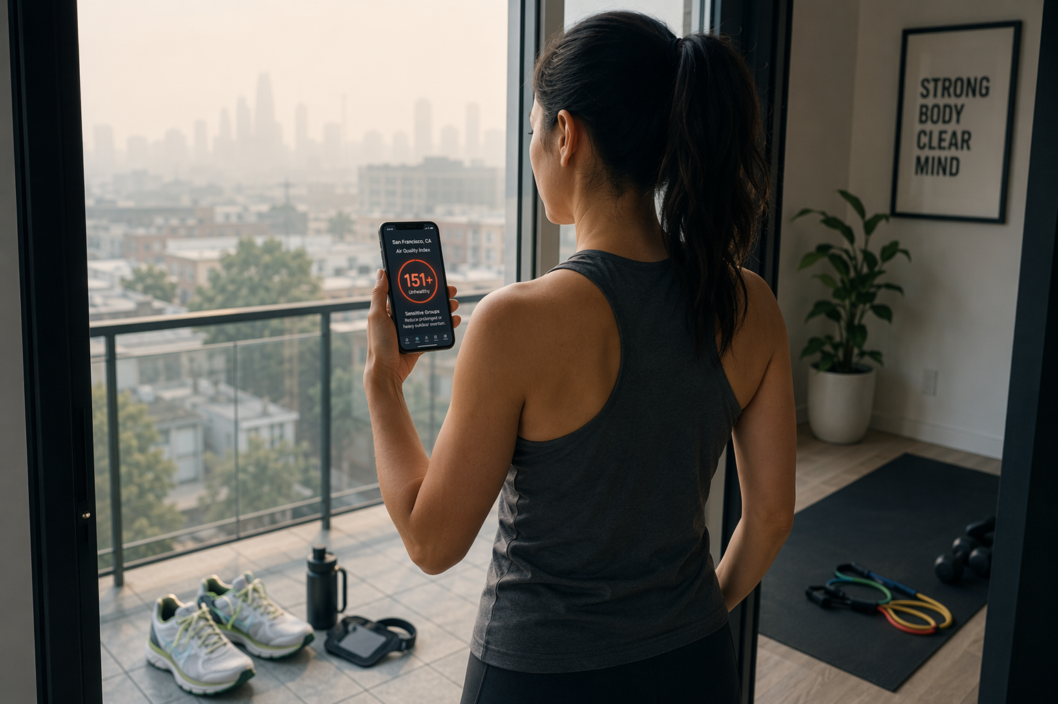 Person checking an AQI reading of 151+ beside indoor workout gear while smoky light shows outside