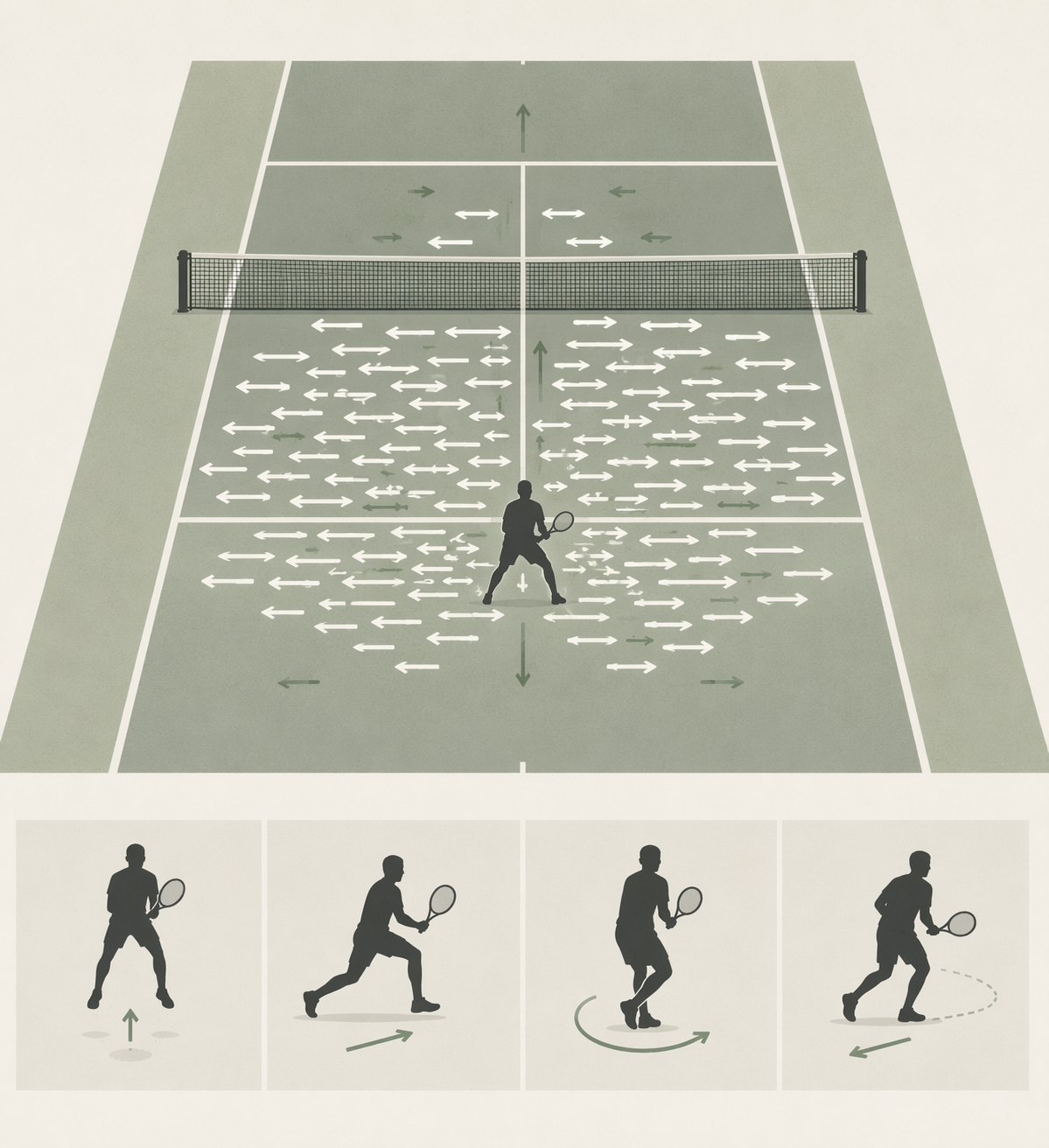 Movement distribution visual with dominant lateral arrows and footwork icons for split step, jab step, pivot step, and drop step